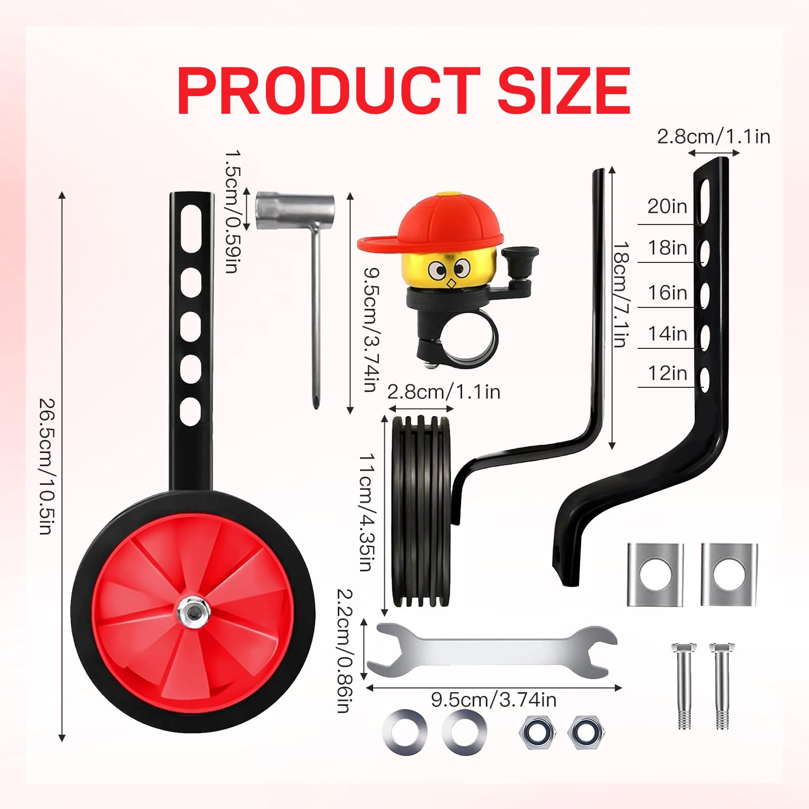 Ruote di supporto per bicicletta per bambini, stabili e sicure, regolabili da 30,5 a 50,8 cm, silenziose, antiscivolo, con luce, per principianti, per imparare all'aperto, colore rosso
