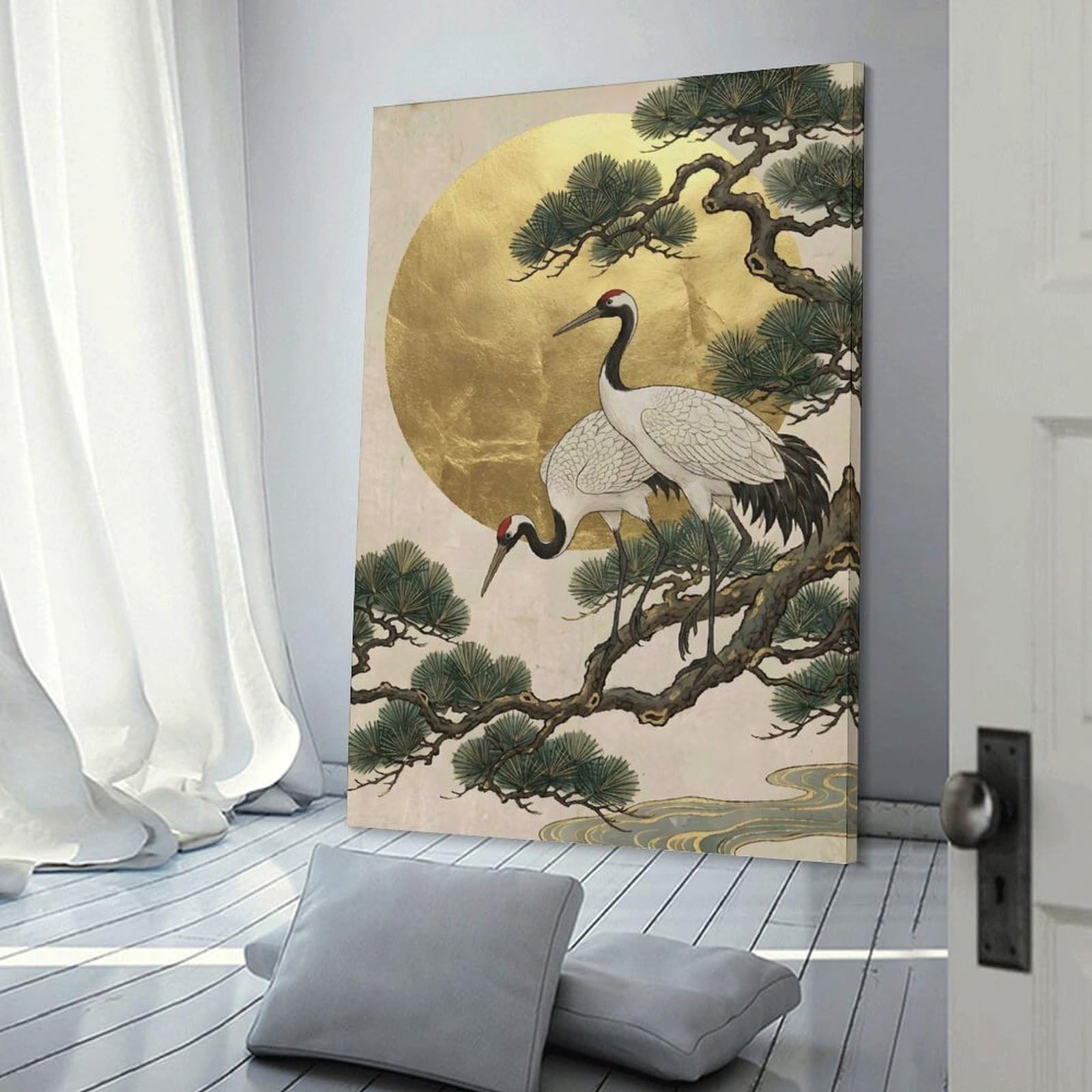 Junmoney Two Cranes on A Pine Branch with Golden Sun Home Decor Wall Art 24x36inch(60x90cm), for Office, Study Or Home Workspace, Home Office Artwork with Decorative Appeal