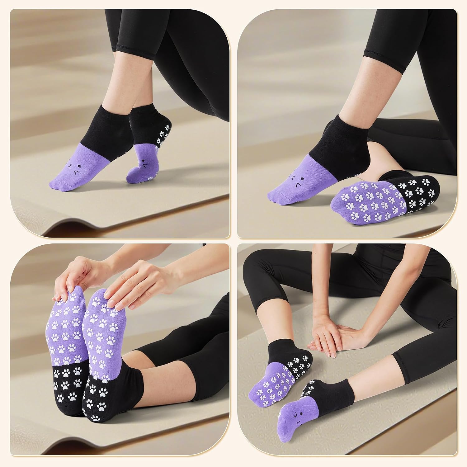 Non Slip Grippy Socks for Women Girls 5 Pack Cute Cat Grip Socks Pilates Slippers Footies for Yoga Barre Hospital