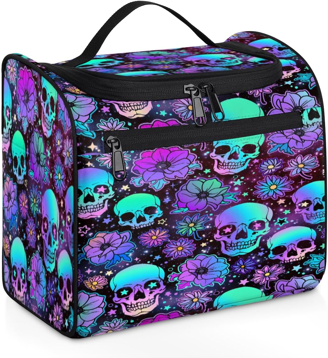 Toiletry Bag for Women, Colorful Skull Flower Universe Hanging Travel Toiletry Bag, Water-resistant Cosmetic Makeup Organizer for Toiletries and Cosmetics, Bathroom Shower Bag with Handle and Hook