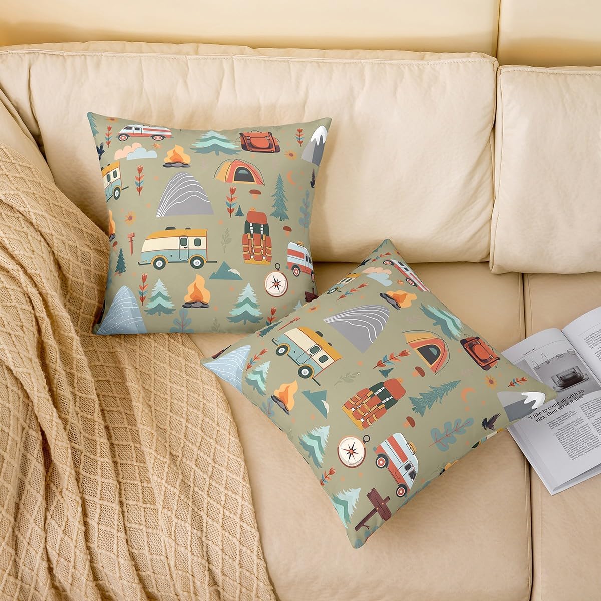jejeloiu Happy Camping Throw Pillow Covers Set of 2 Kids Boys Girls 16 x 16-Inch Travel Bag Tent Print Cushion Case Outdoor Travel Decor Pillowcase Travel Trailers Themed Indoor Outdoor Camping Gifts image 2