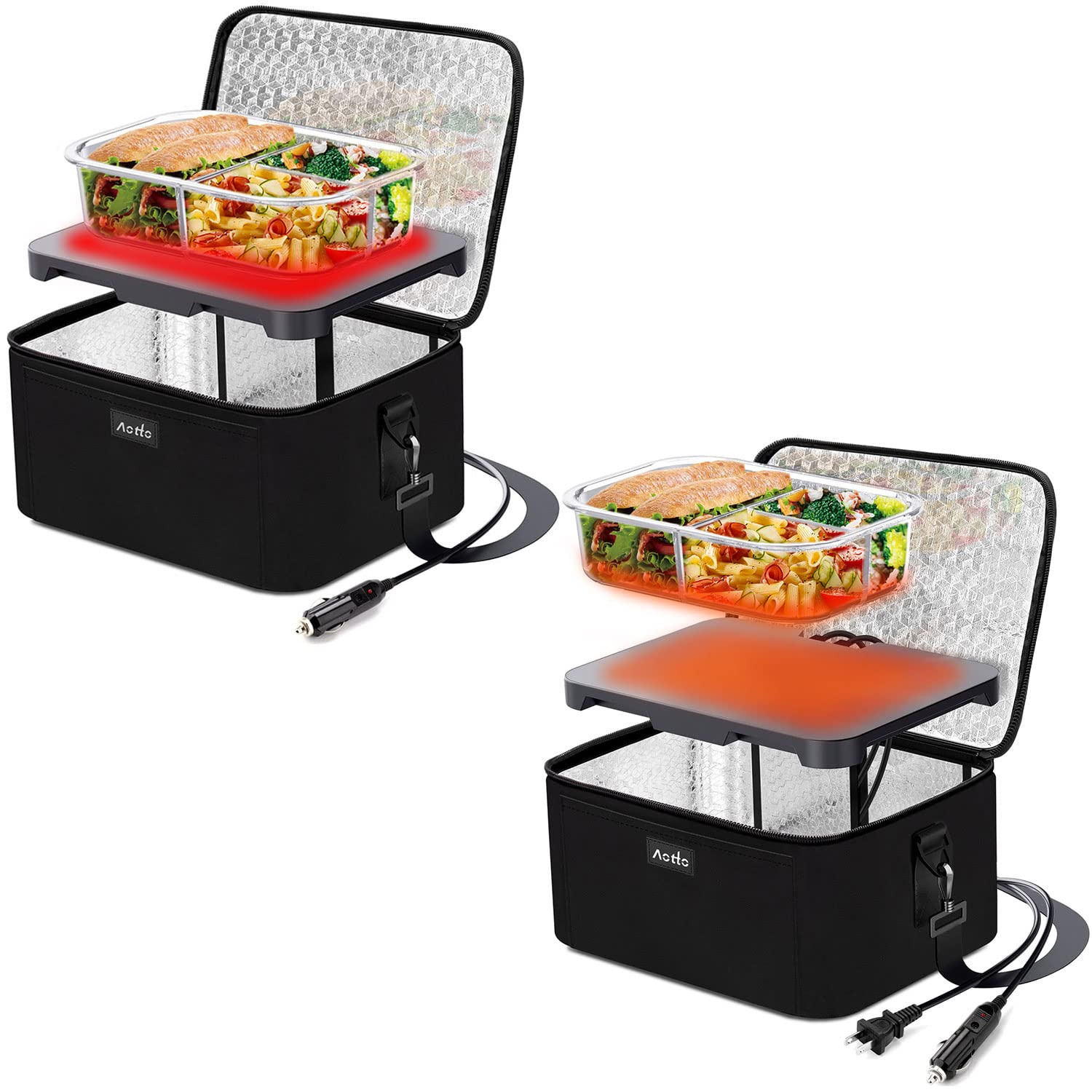 Portable Food Warmer Personal Mini Portable Oven - 12V 24V 2-in-1 Car Food Warmer and 12V 24V 110V 3-in-1 Electric Heated Lunch Box for Work Bundle (Black and Navy Blue)