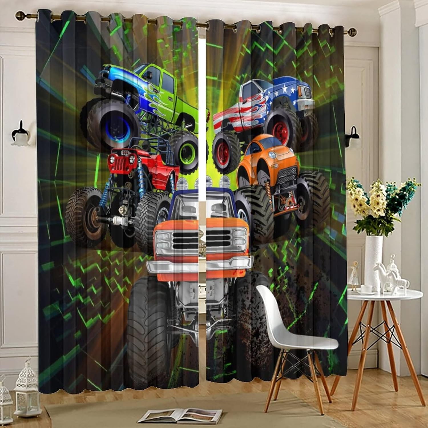 Cool Cartoon Monster Truck Ultra Soft Premier Blackout Curtains,Kids Boys Shabby Monster Trucks PrintThermal Insulated Bedroom Noise Reducing Patio Door Grommet Top,2 Panels 63L x 36W