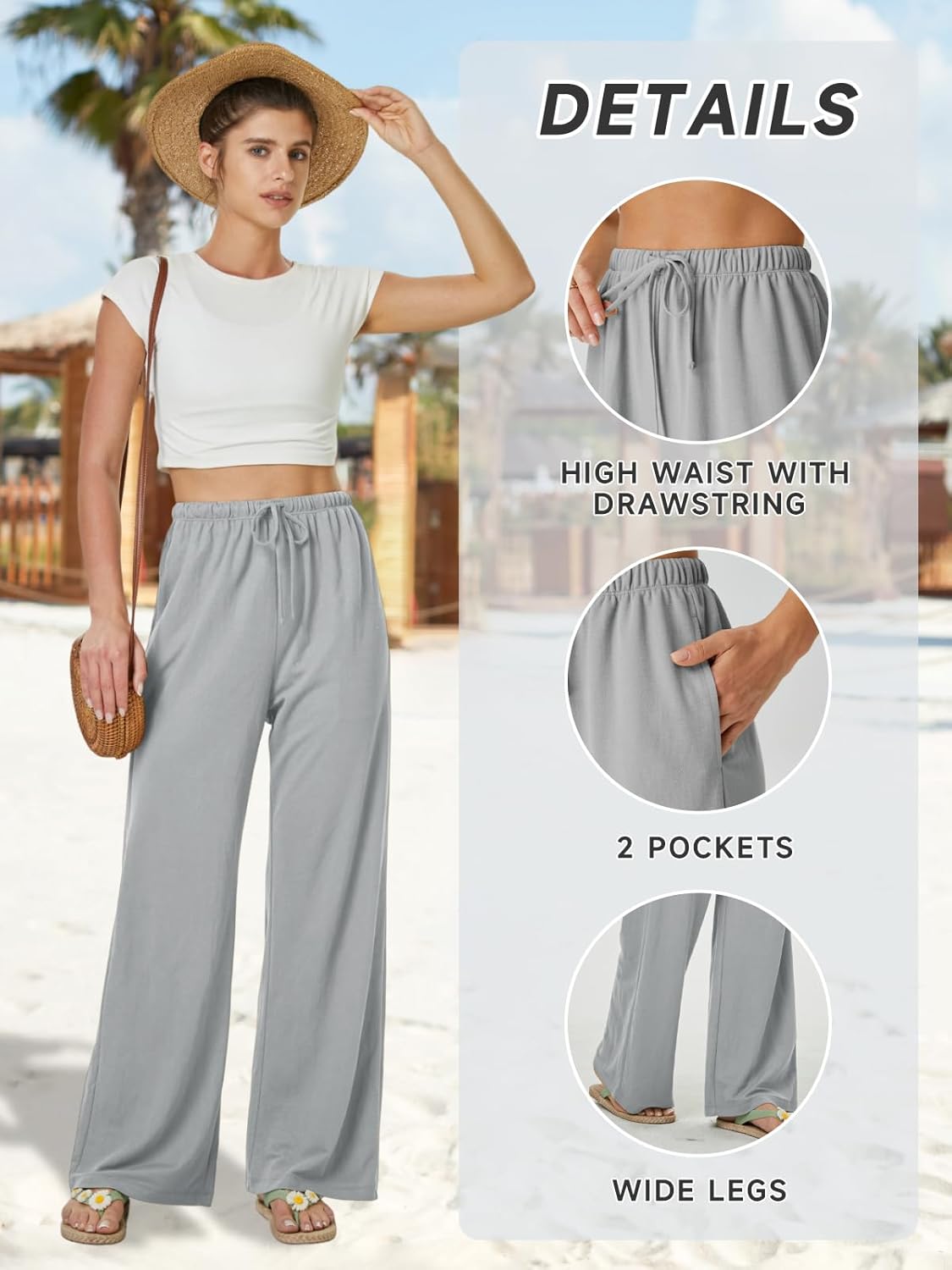 keriffe Summer Outfits Flowy Palazzo Pants for Women High Waisted Wide Leg Beach Casual Vacation Pants Trousers Pockets - Image 5