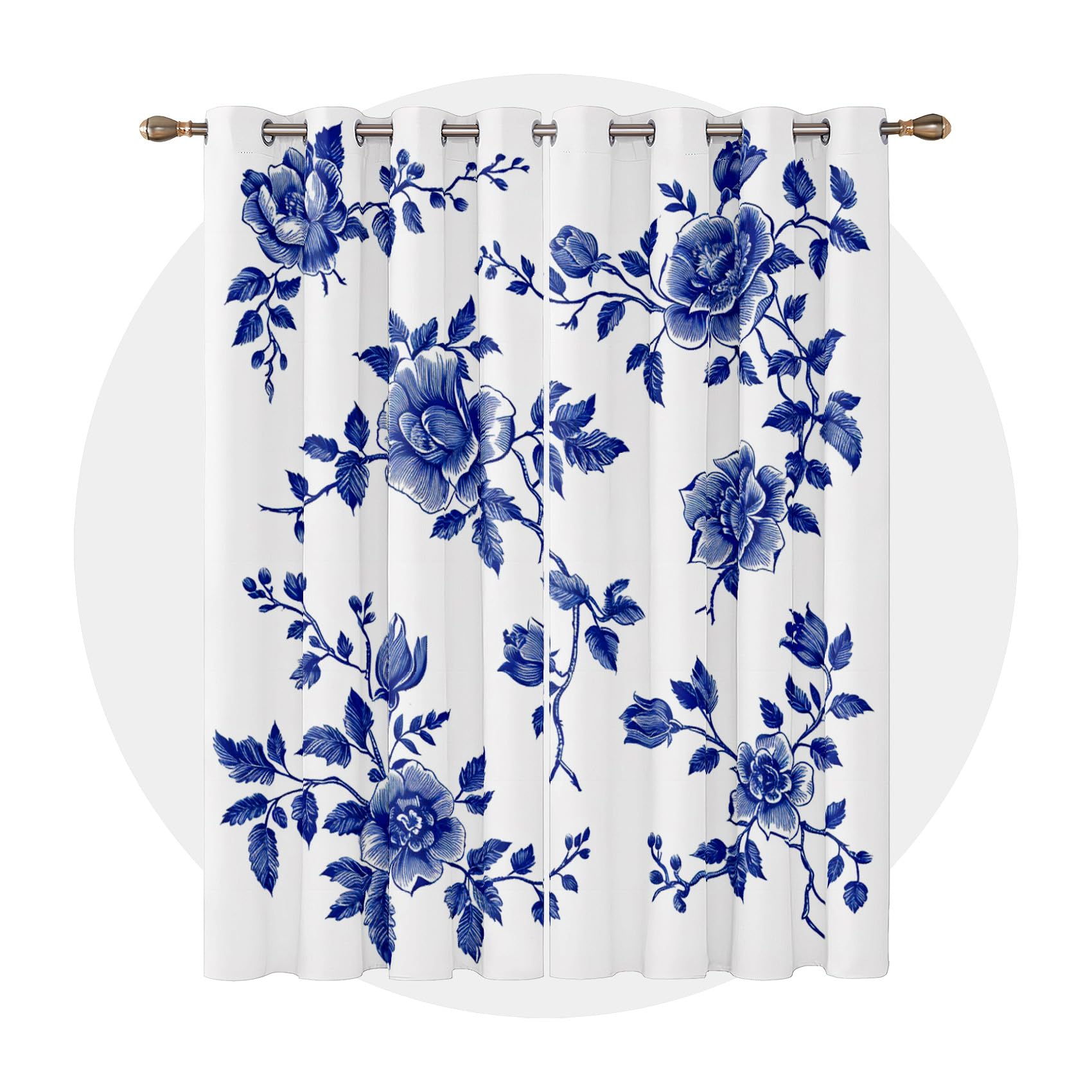 Blue and White Blackout Curtains Floral - Floral Curtains - Chinoiserie Blue Flower Blackout Curtains 66 x 90 Inch (Width x Drop) 2 Panels, Botanical Chinese Eyelet Curtains & Drapes