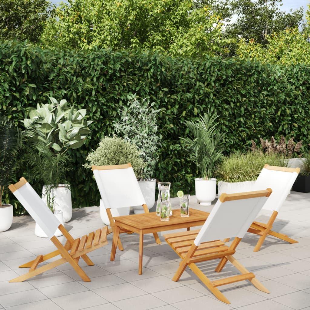 Chaise de jardin pliante en bois massif lot de 4 avec accoudoirs et tissu crème pour balcon