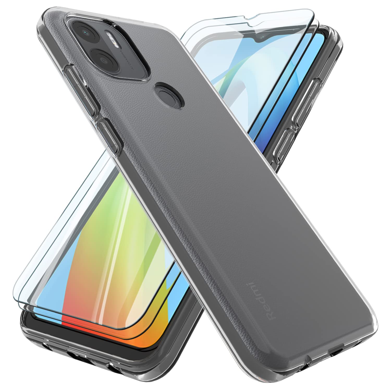 HTDELECCase + 2 Pack Tempered Glass for Xiaomi Redmi A1 Plus 4G, Transparent Slim Silicone Soft TPU Gel Cases Ultra-Thin Protective Case Cover for Xiaomi Redmi A1 Plus 4G