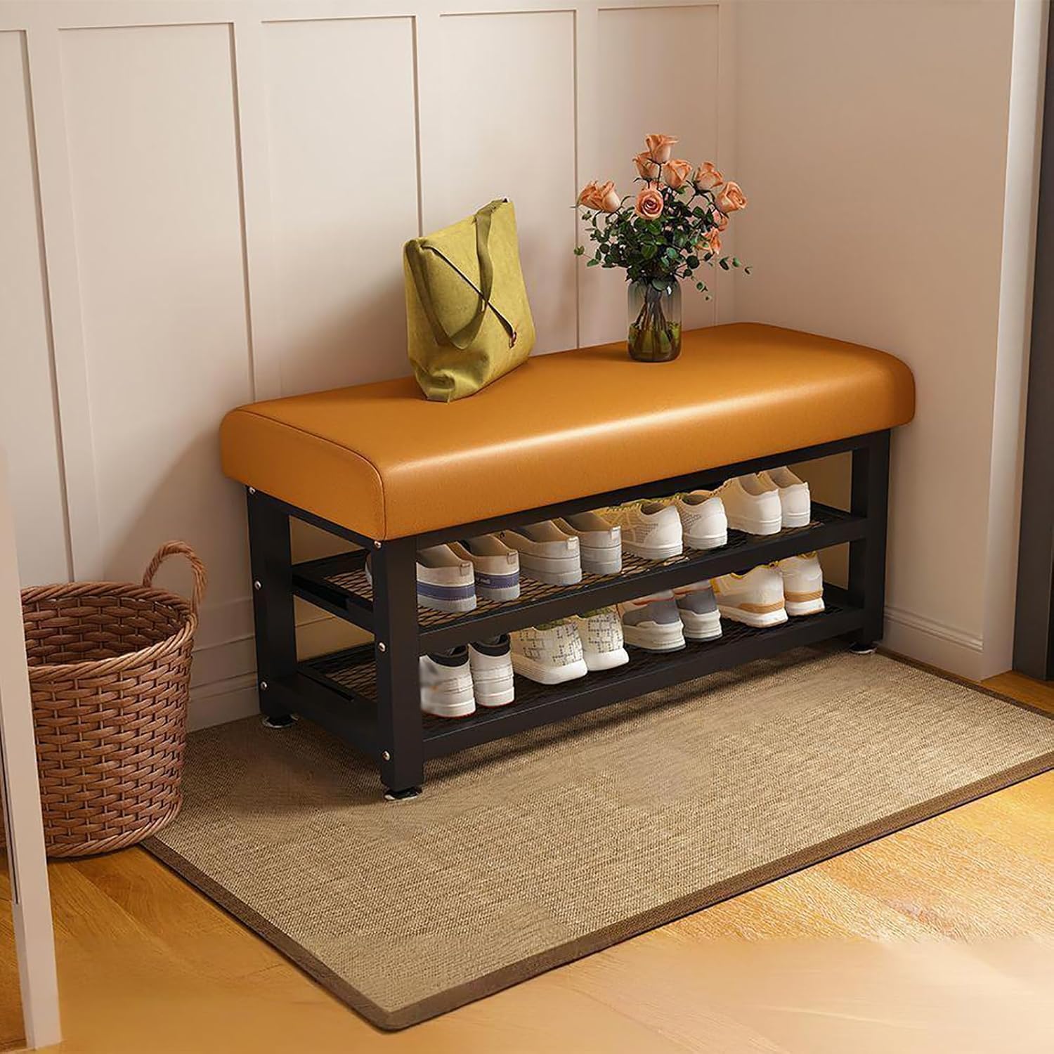 Metal Storage Bench, Upholstered Entryway, Double-Layer Footrest Shoe Rack for Living Room, Balcony, Hallway, and Closet - 23.6in/60cm, Gray