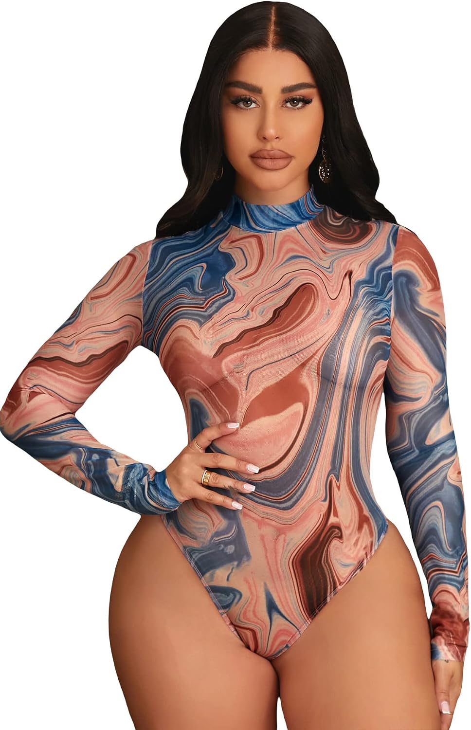 Floerns Women's Printed Long Sleeve Mock Neck T Shirt Mesh Bodysuit Tops