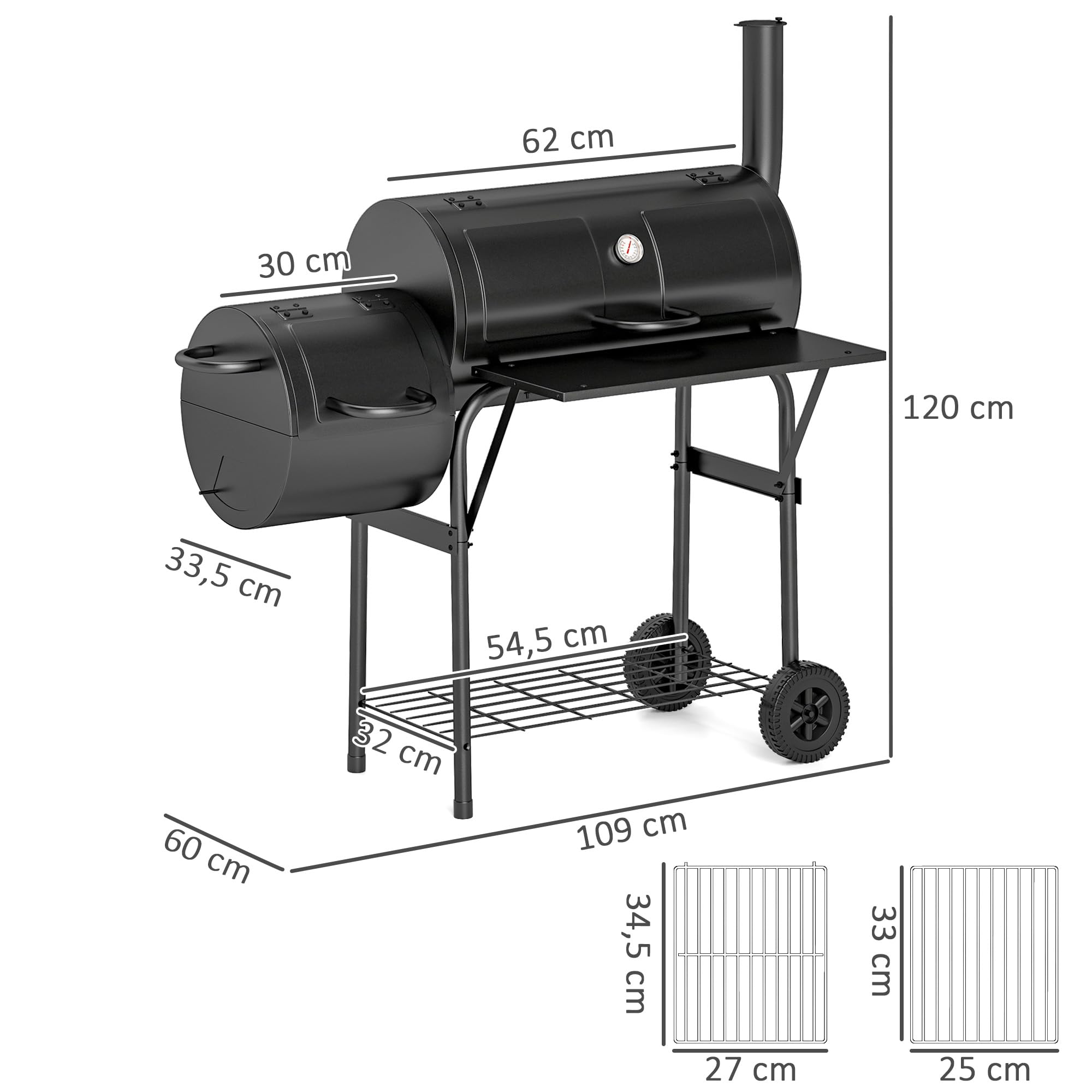Outsunny Grill na węgiel drzewny ze stali, BBQ Smoker z pokrywką, termometr, kółka, wózek na kółkach z dopływem powietrza, pojemnik na węgiel węglowy, na kemping, do ogrodu, 109 x 60 x 120 cm