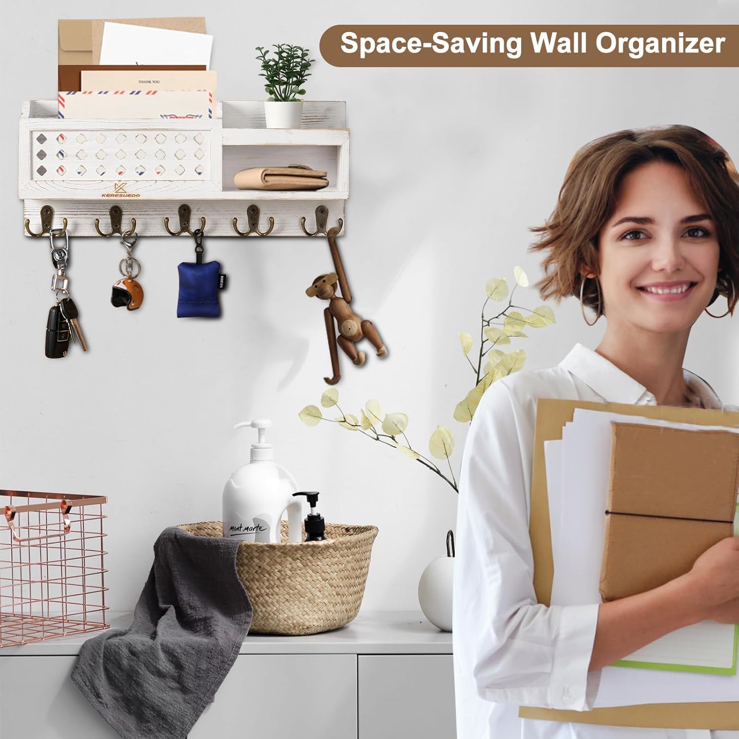 Key and Mail Holder Wall Mount - Mail Organizer Wall Mounted with Hooks and Storage Box, Key Rack for Entryway, Wall Mail Organizer for Home, Modern Farmhouse Decor, Easy Install Key Hanger (White)