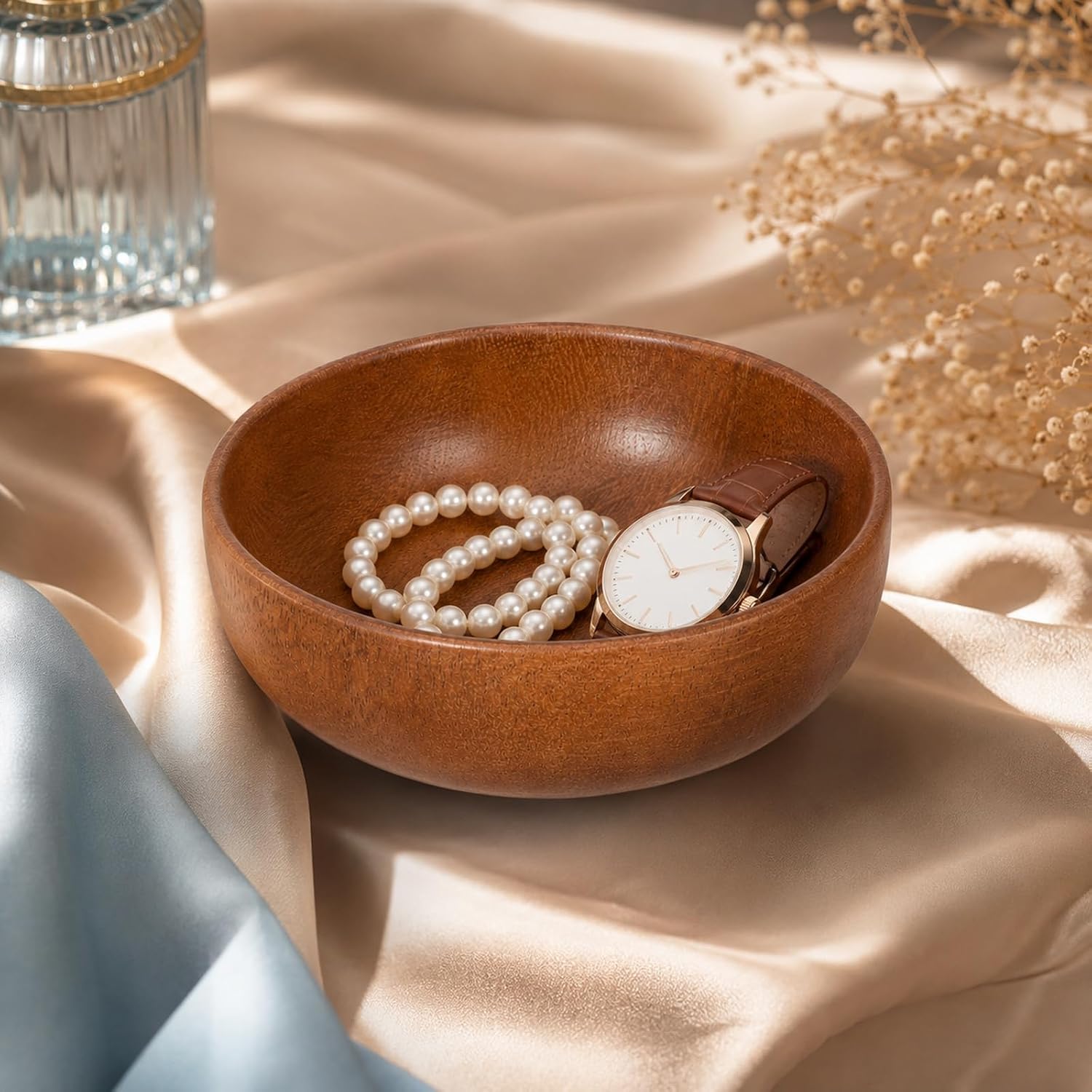 4 Inch Small Acacia Wood Key Bowl for Entryway Table, Compact Round Wooden