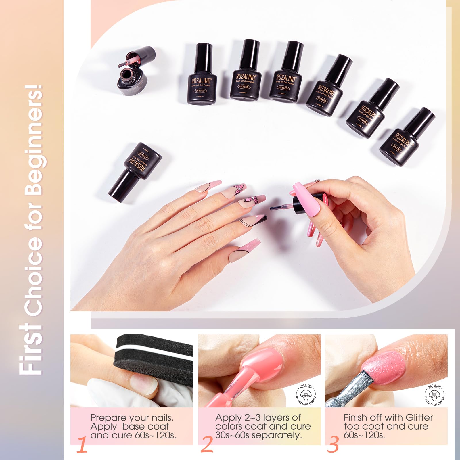 ROSALIND Smalto Semipermanente Unghie 65 Pezzi Rosa Giallo Blu Verde Viola | Colori Smalti Semipermanenti per Unghie Rosso Nero Grigio Marrone, UV/LED Mini Smalto Gel Manicure Regalo