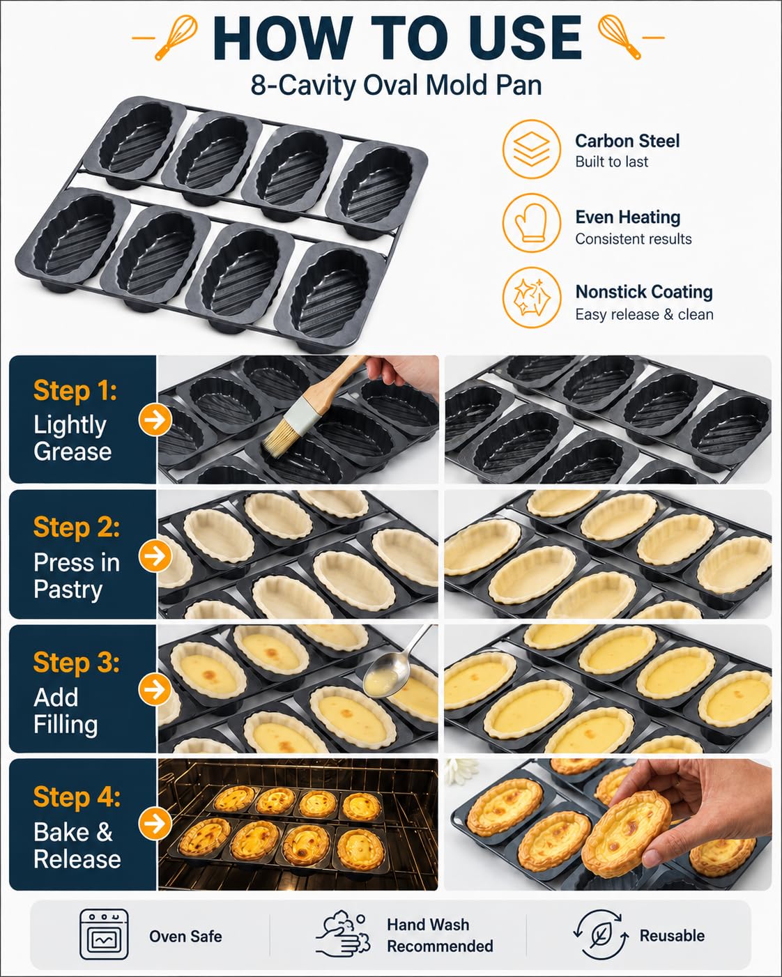 Paquete De 2 Sartenes Ovaladas Para Tarta De 8 Cavidades, Antiadherentes | Paquete de 2 / 8 Cavidades / Sartenes de Tarta Ovaladas / Antiadherentes / Acero al Carbono / Moldes para Hornear