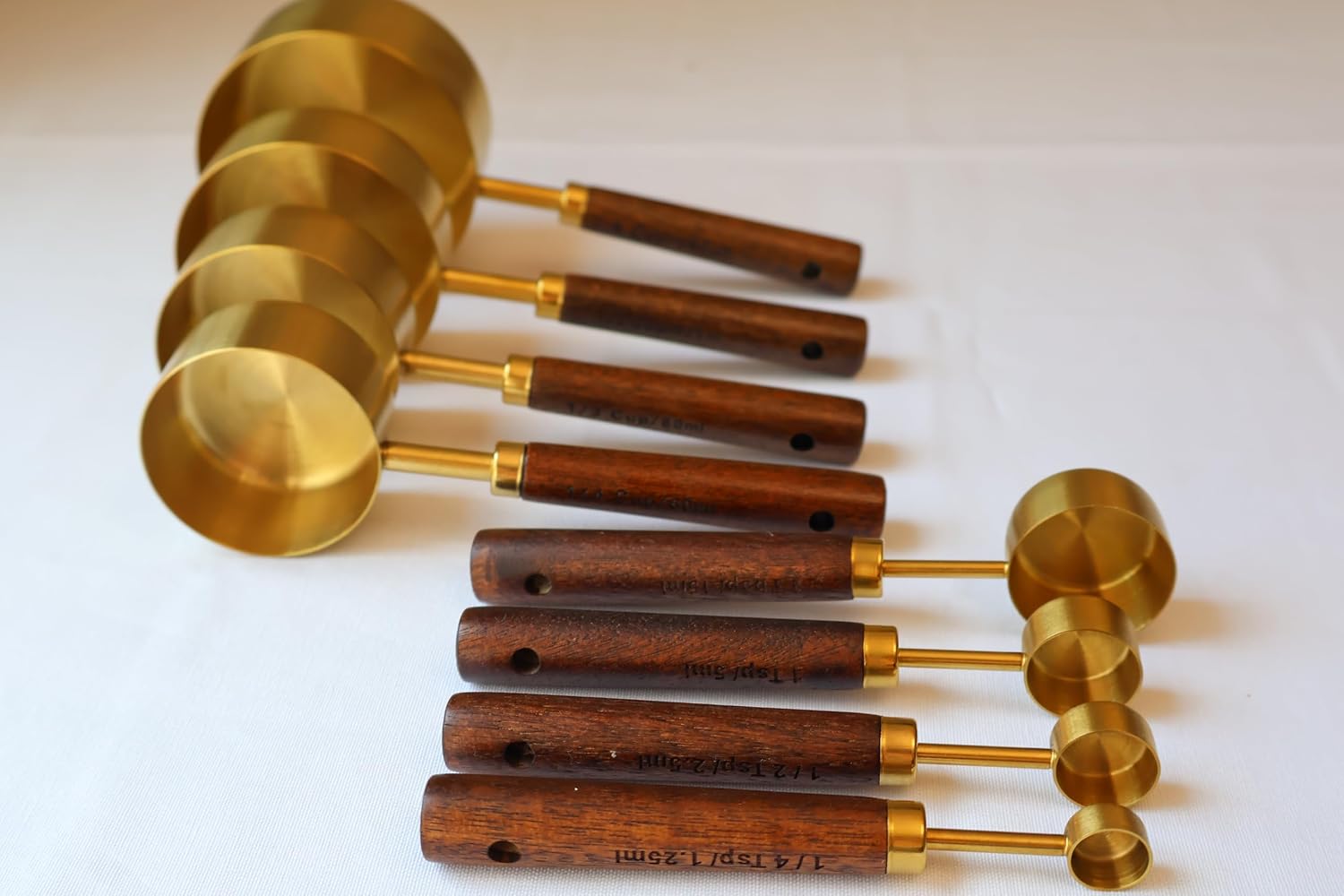 8 PCS Measuring Cups and Spoons Set Golden Stainless Steel Cups with wooden Handle