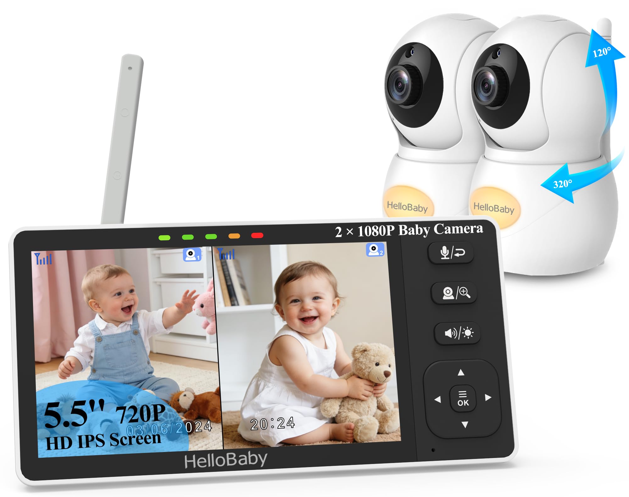 HelloBaby Baby Monitor with 2 Cameras and Night Vision, 5.5'' Split Screen Dual Baby Monitor with 1080P Baby Camera, Pan-Tilt-Zoom, No WiFi, ECO, 2-Way Audio, 8 Lullabies, 1000ft Range