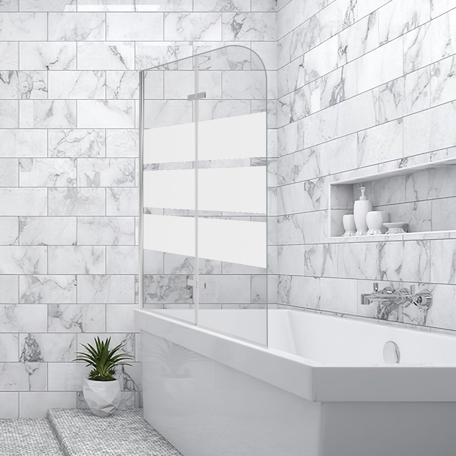 Mampara de ducha para bañera, 100 x 140 cm, plegable, de 2 partes, con vidrio de seguridad EGS de 6 mm, mampara de ducha para bañera, con rayas blancas