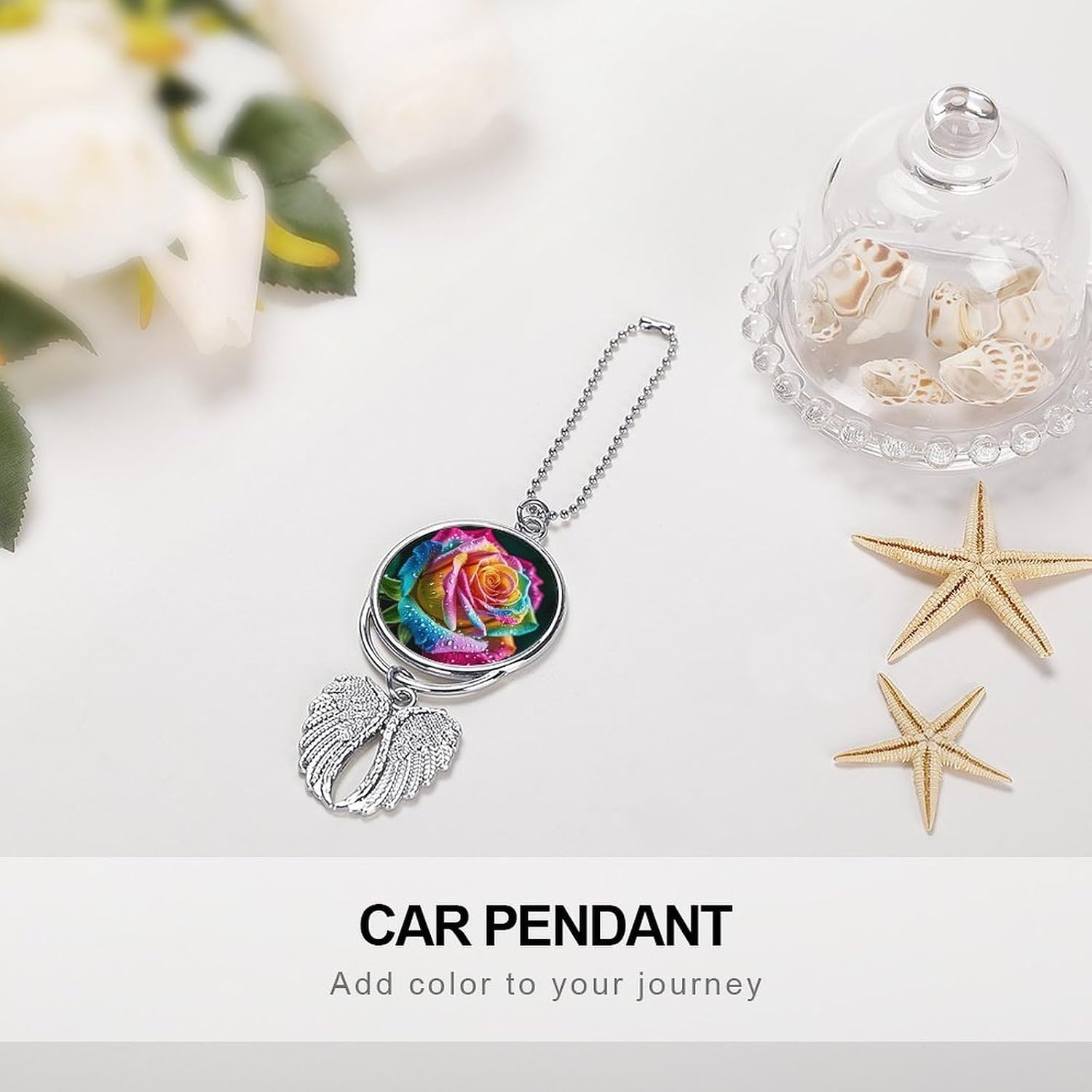 Colorful Rose with Water Car Hanging Ornament Angel Wings Pendant image 4