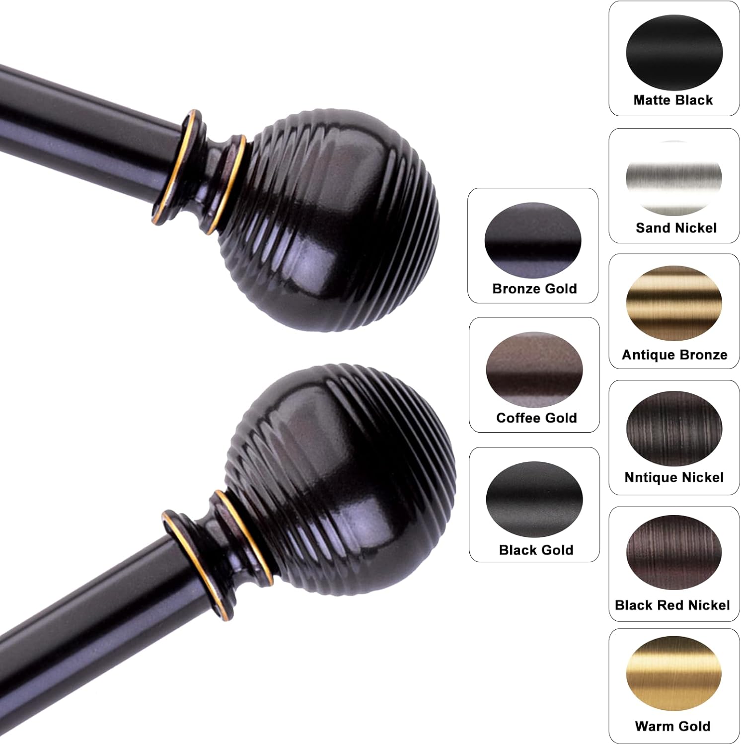 Bronze Curtain Rods for Windows 18 to 144 inch, 1 Inch Adjustable Curtain Rod, Heavy Duty Window Curtains Rod for Bedroom Living Room, Modern Decorative Drapery Rods Orb Finials