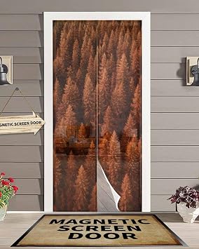 Burnt Orange Forest, Magnetic Screen Door for Sliding/Single/French Doors, Self Sealing Magnets Patio Door Screen Heavy Duty Mesh Curtain, Farmhouse Nature Autumn Landscape Tree