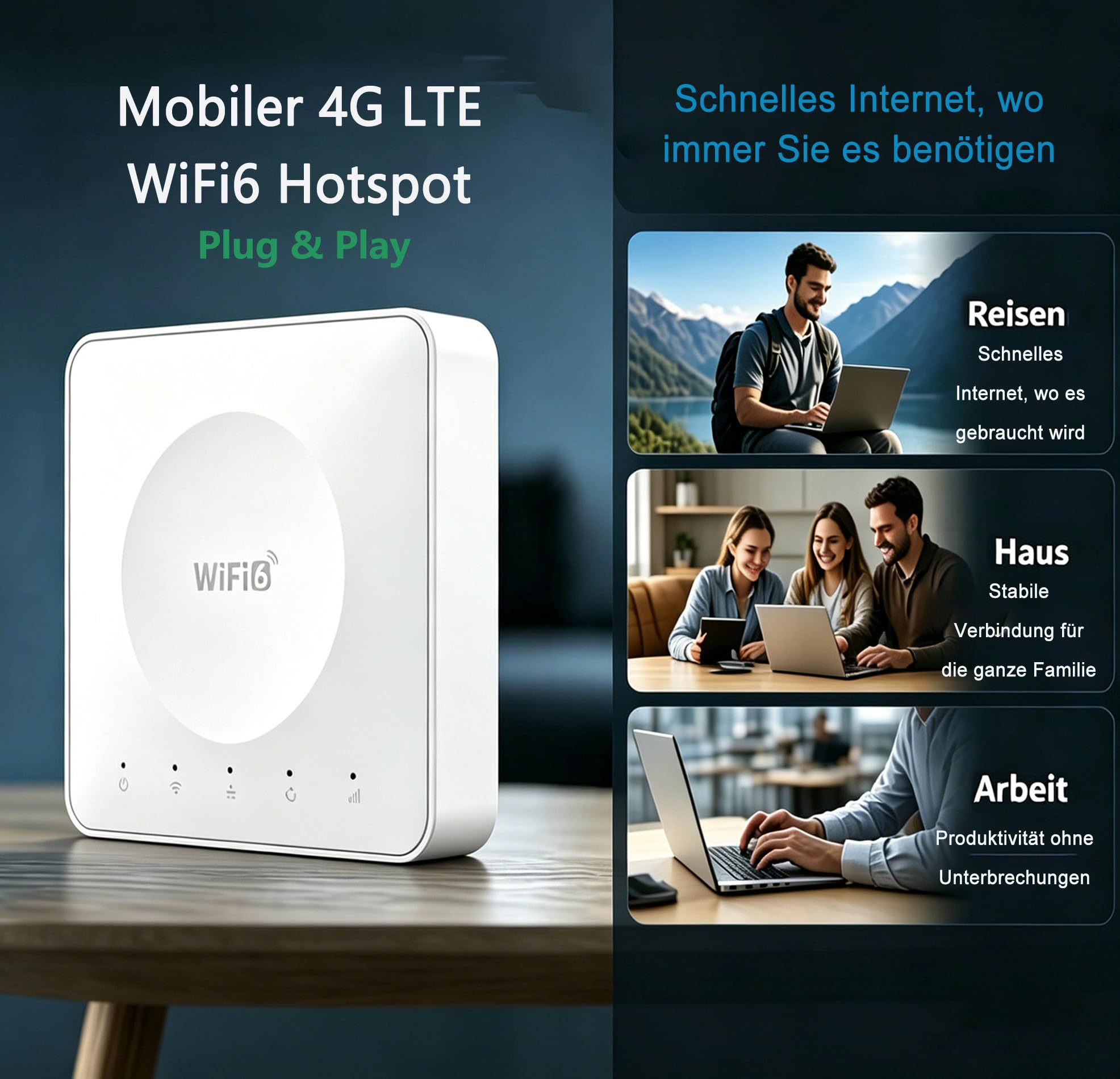 Tragbarer WiFi 6 4G Router Dualband Hotspot Unterstützt 32 Geräte USB‑C WPA3 EU-SIM kompatibel Integrierte Antennen für Homeoffice Camping