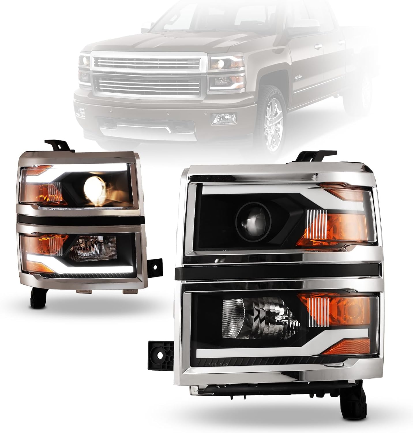AUTOWIKI Head Light Set Fit for 2014 2015 Chevrolet Silverado 1500 LED DRL Projector Headlights Glow Bar Black Housing Clear Lens 1 Pair Pickup Front Lamps Replacement