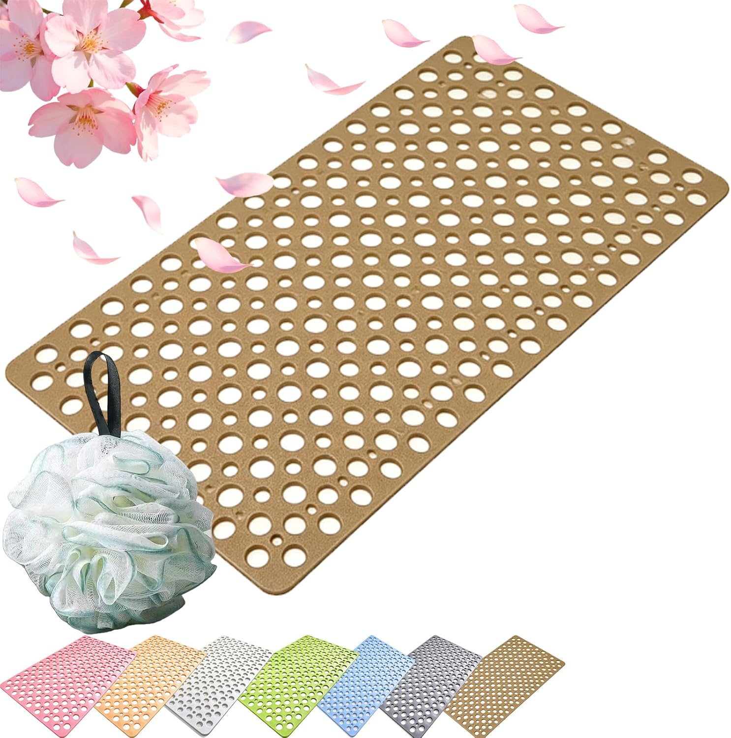 Shower Mat, Secure Shower Mats Easy to Clean, Bathtub Mat Non Slip with Suction Cups and Drain Holes, Soft Textured Design for Inside Shower Easy Dry&Cut (Brown,L (70 * 70cm))