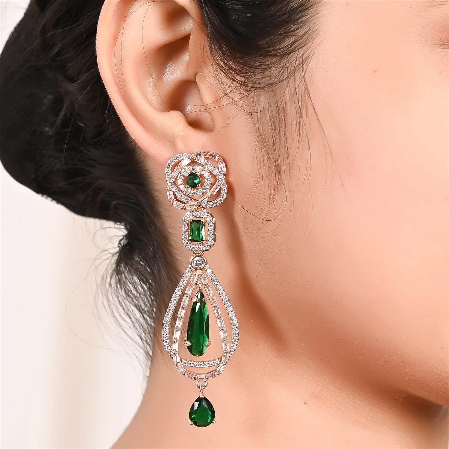 Ratnavali Jewels Rose Gold Plated Cubic Zirconia Dangle Drop Long Earrings For Women Statement Jewelry Wedding Brides
