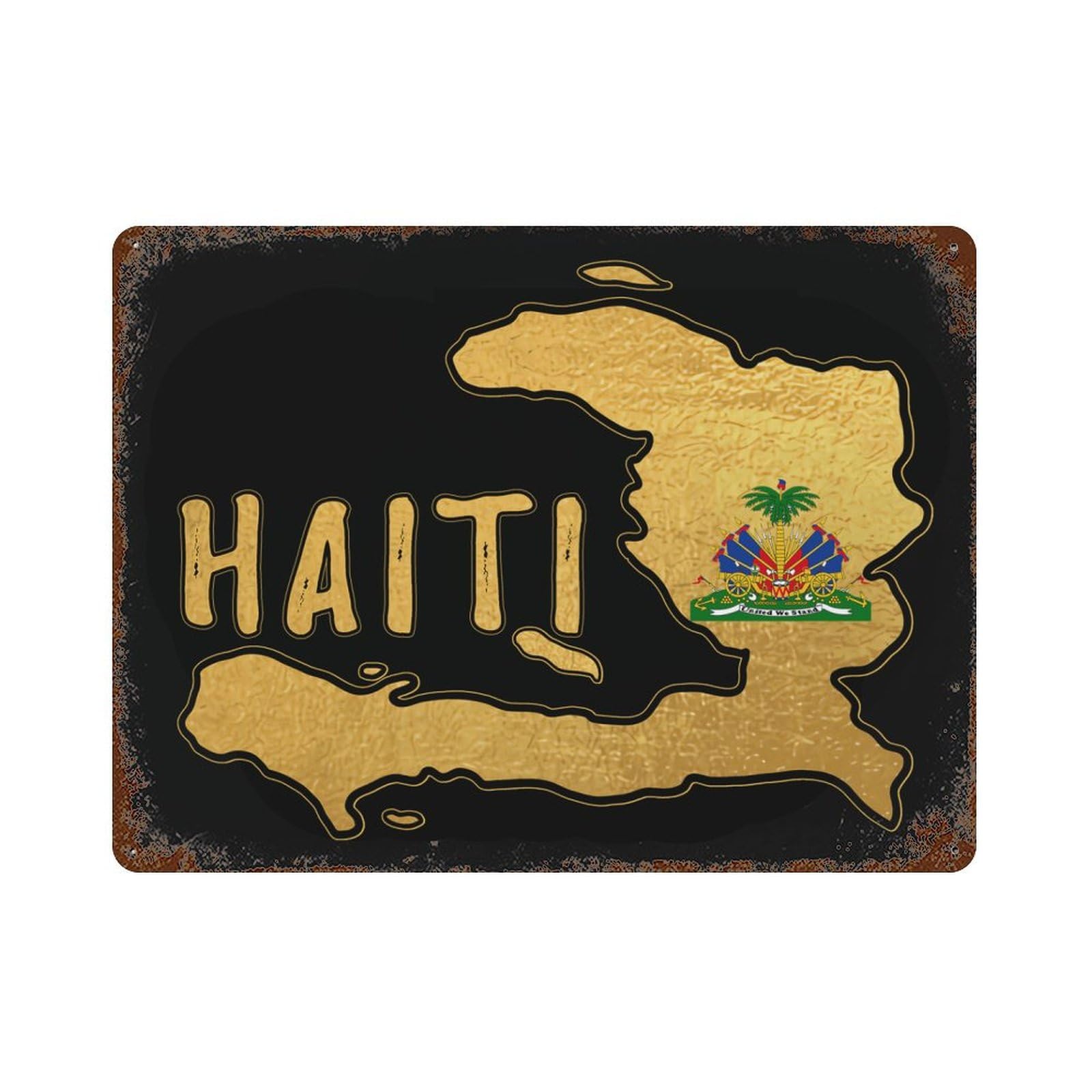 KWQDOZF Haitian Haiti Flag 2 Theme Metal Tin Sign,Vintage Iron Hanging Plate Horizontal with Rust Poster Wall Decor 12x16inch