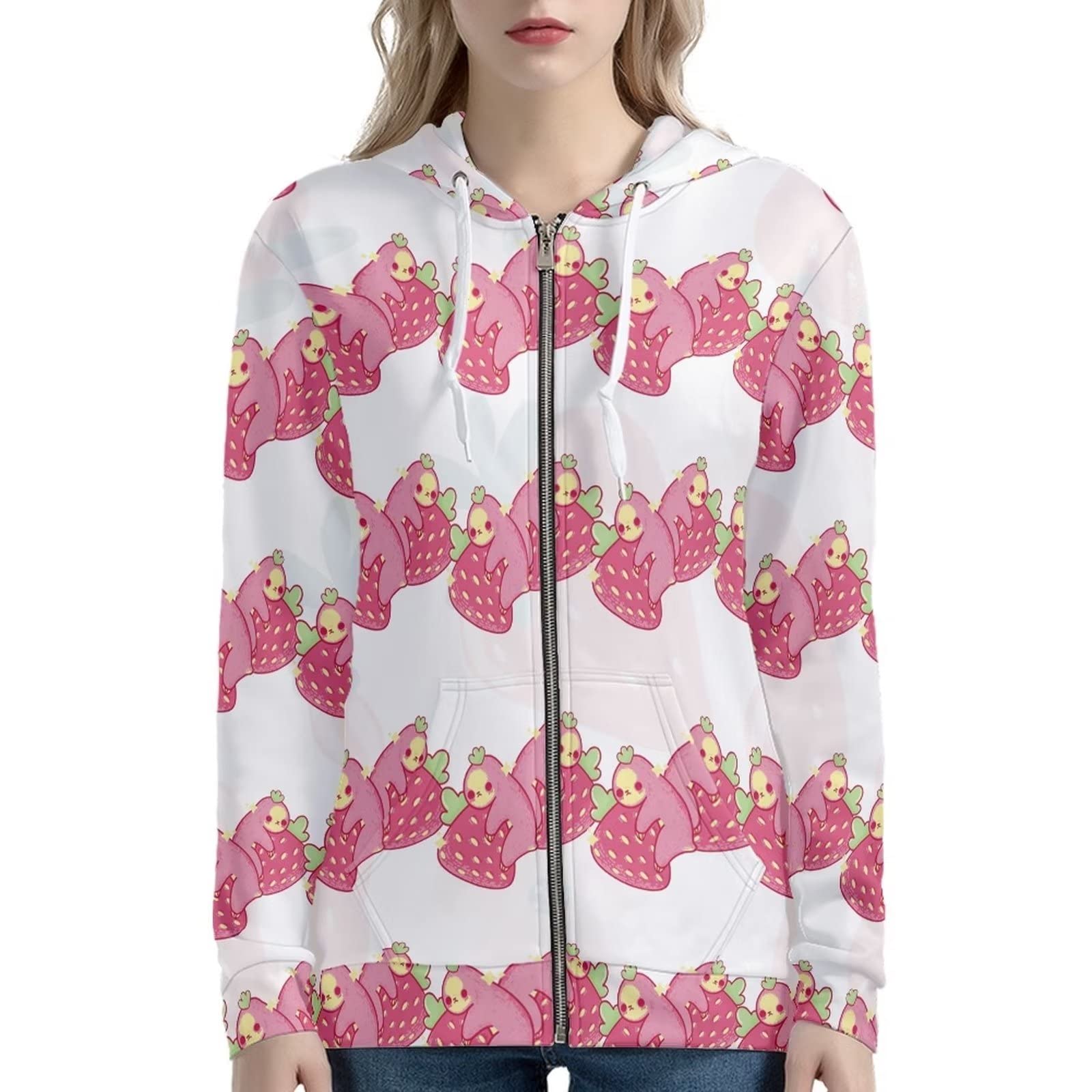 HUIACONG Bluza z kapturem zapinana na zamek błyskawiczny damska bluza z kapturem rozmiar XS-5XL nastolatki sweter, Różowy leniwiec truskawka, 3XL