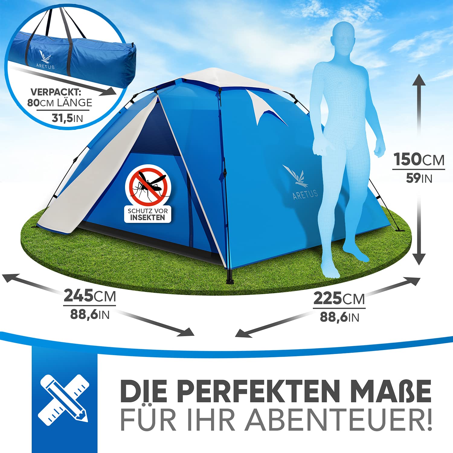 Aretus Tienda de campaña para lanzar – extra impermeable y estable, rápido de montar y desmontar en 45 segundos | Tienda de campaña para 2 personas, impermeable, para 3 personas, tienda de campaña