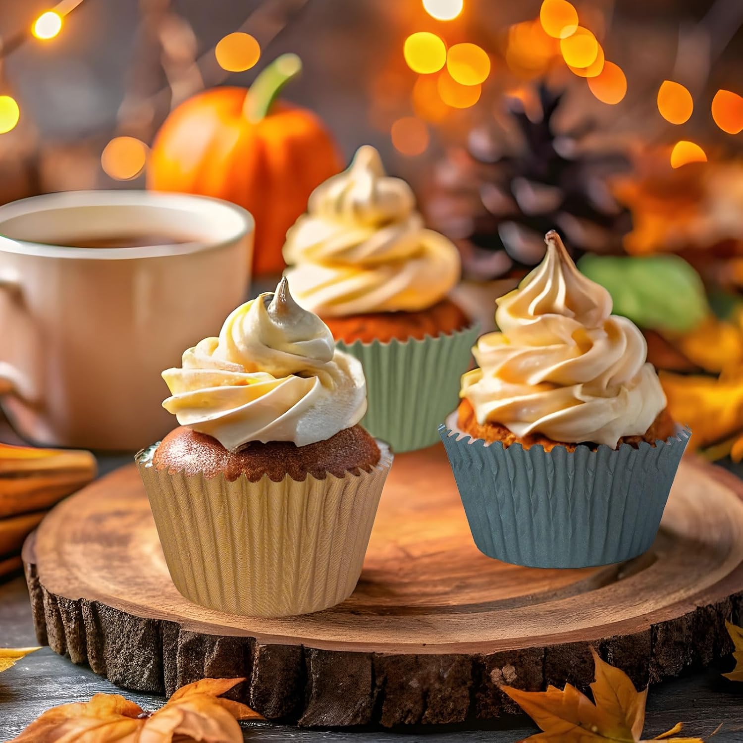 Whaline 300Pcs Autumn Cupcake Liners Warm Thanksgiving Fall Paper Baking Cups Wedding Colors Standard Muffin Cupcake Wrappers for Party Supplies Table Decor