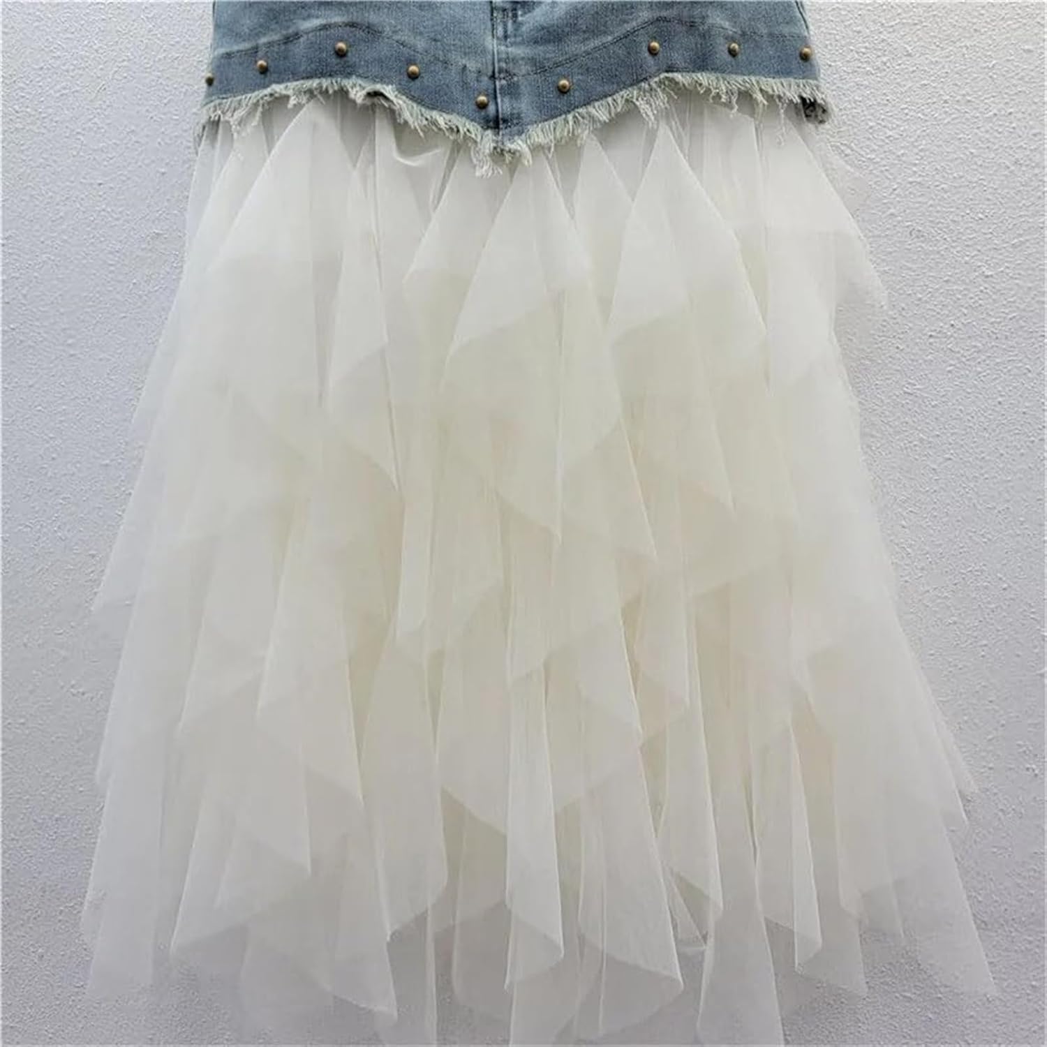 Women's Irregular Denim Tulle Skirts High Waist Mid-Length Mesh Pleated Mini Skirts Denim Patchwork Skirt