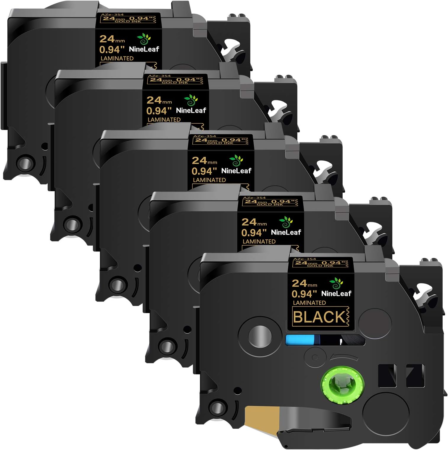 NineLeaf 5 Pack Compatible for Brother TZe TZe-354 TZ-354 TZ354 Label Tape Gold on Black Standard Laminated Tapes 24mm Work with P-Touch PT-D600 PT-P710BT 1500 1600 Label Maker 1 Inch x 26.2 Feet