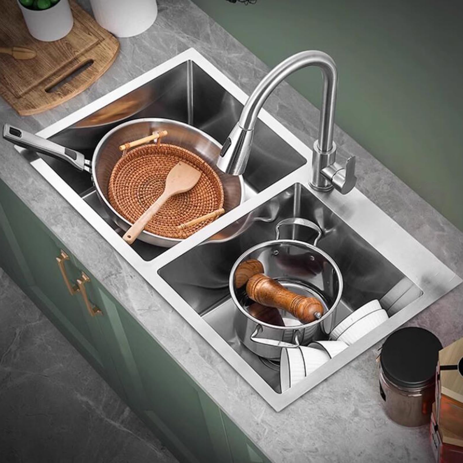 Sifón de Cocina de Acero Inoxidable de Gran Capacidad Grifo, Cuenco pequeño, Doble encimera, lavavajillas (Color: Plateado, tamaño 68 x 39 x 20 cm)