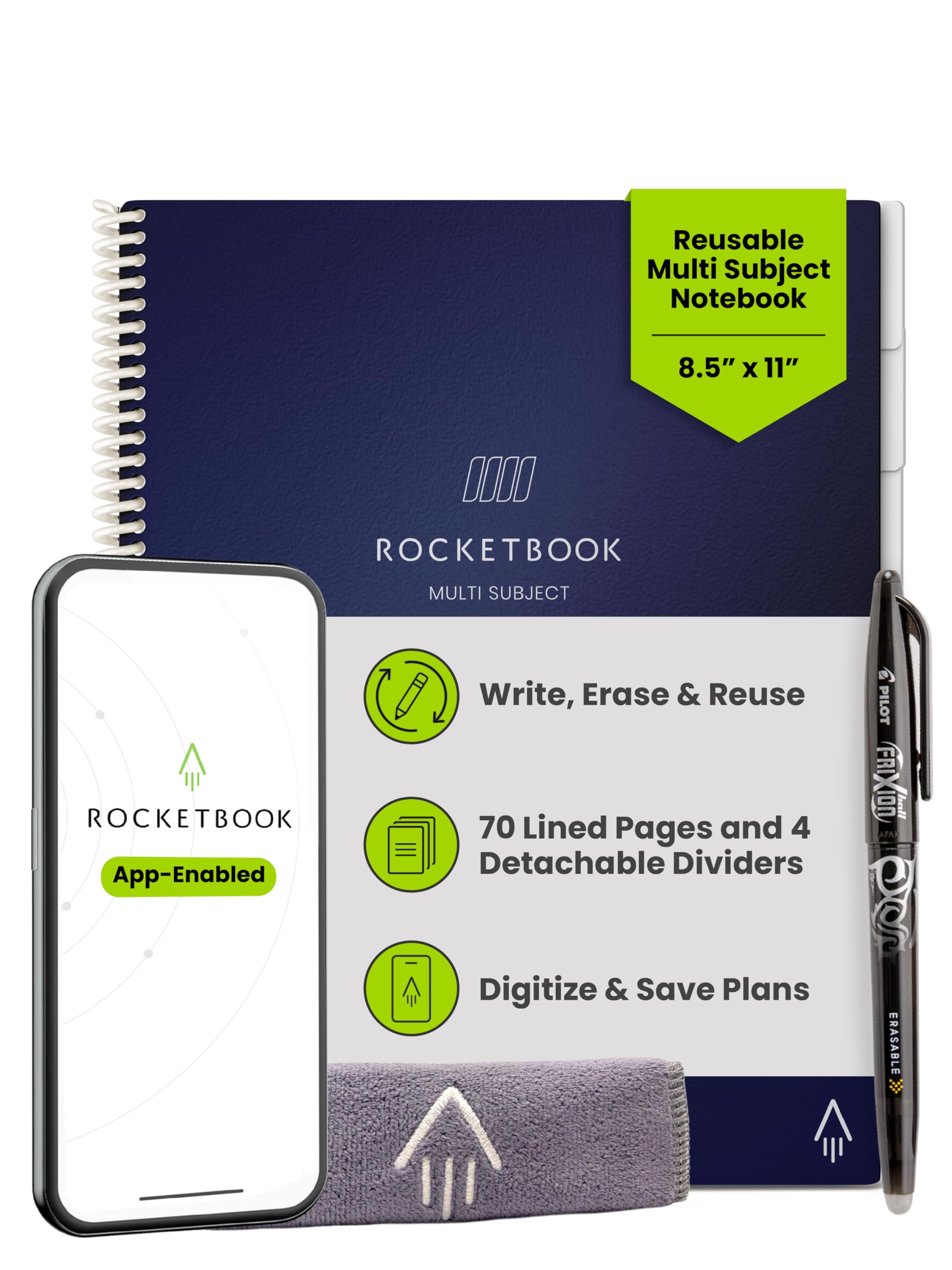 Rocketbook Multi-Subject Smart Notebook | Scannable Notebook with Dividers | Lined Reusable Notebook with 1 Pilot Frixion Pen & 1 Microfiber Cloth | Dark Blue, Letter Size (8.5" x 11")