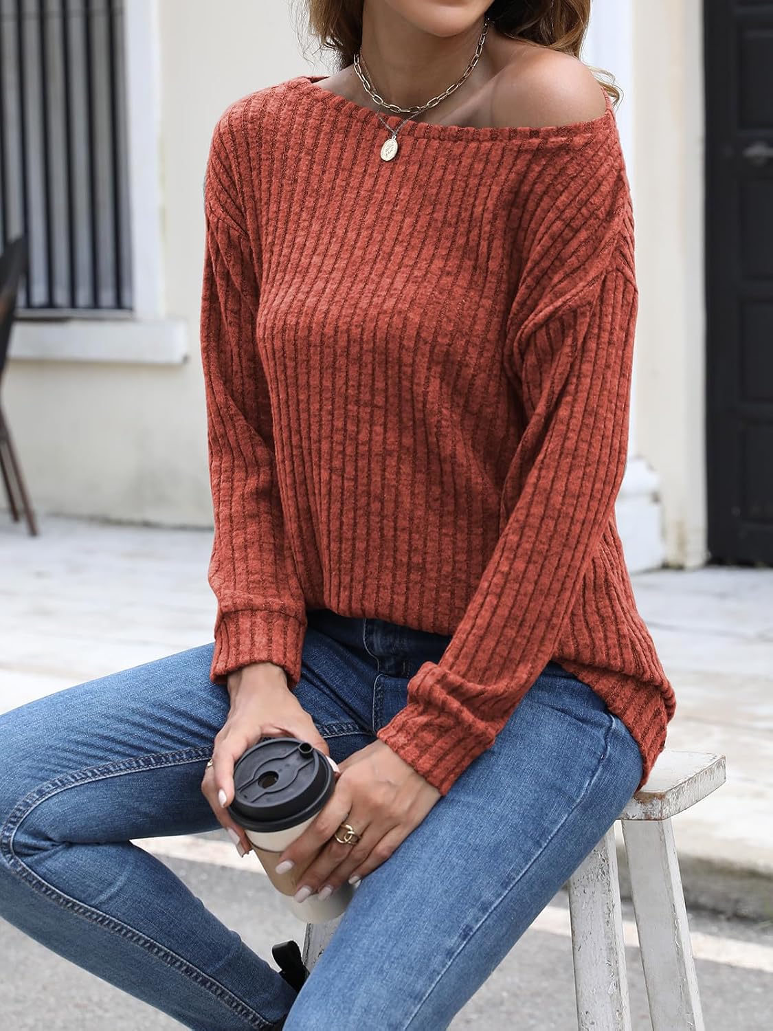 Womens Sweaters Long Sleeve Shirts for Women Drop Shoulder Boat Neck Lightweight Tops Dressy Casual Trendy Caramel - Image 2