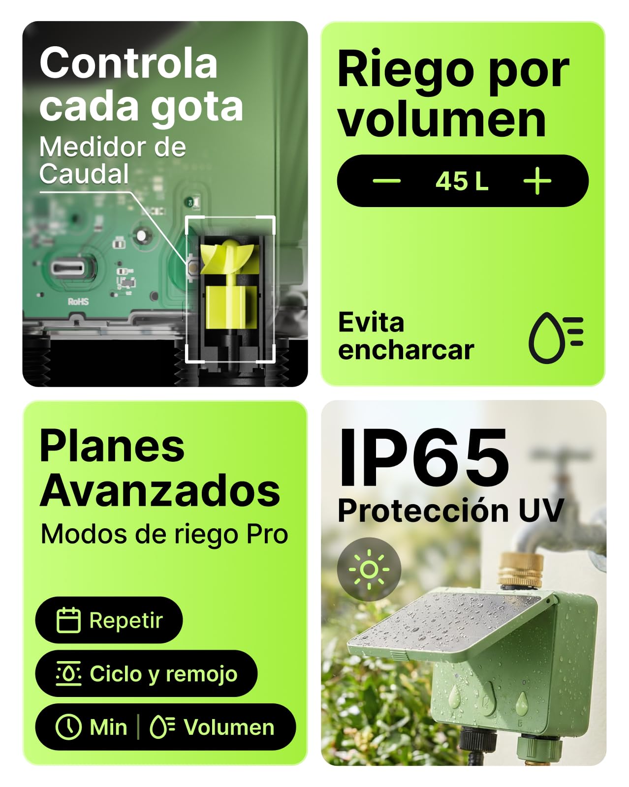 Programador Riego WiFi 2 Vías Solar, Programador de Riego Conectado con Caudalímetro, Sin Hub, Entrada de Agua de Latón, Riego Automático para Jardín (App/Alexa)