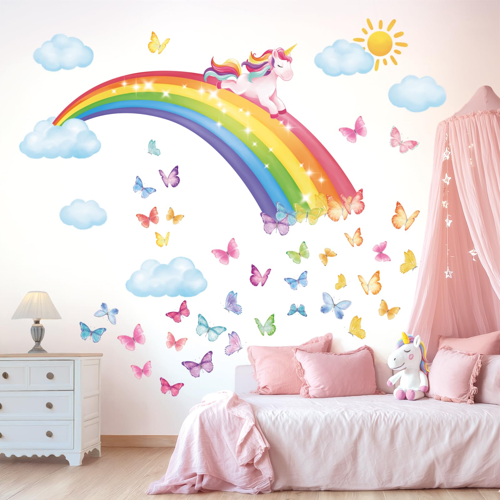 DECOWALL SG2-2309 tęczowy tatuaż ścienny jednorożec, naklejka ścienna, chmury, motyle, dziewczynki, dzieci, naklejka na ścianę do pokoju dziecięcego, pokoju dziecięcego, dekoracja ścienna
