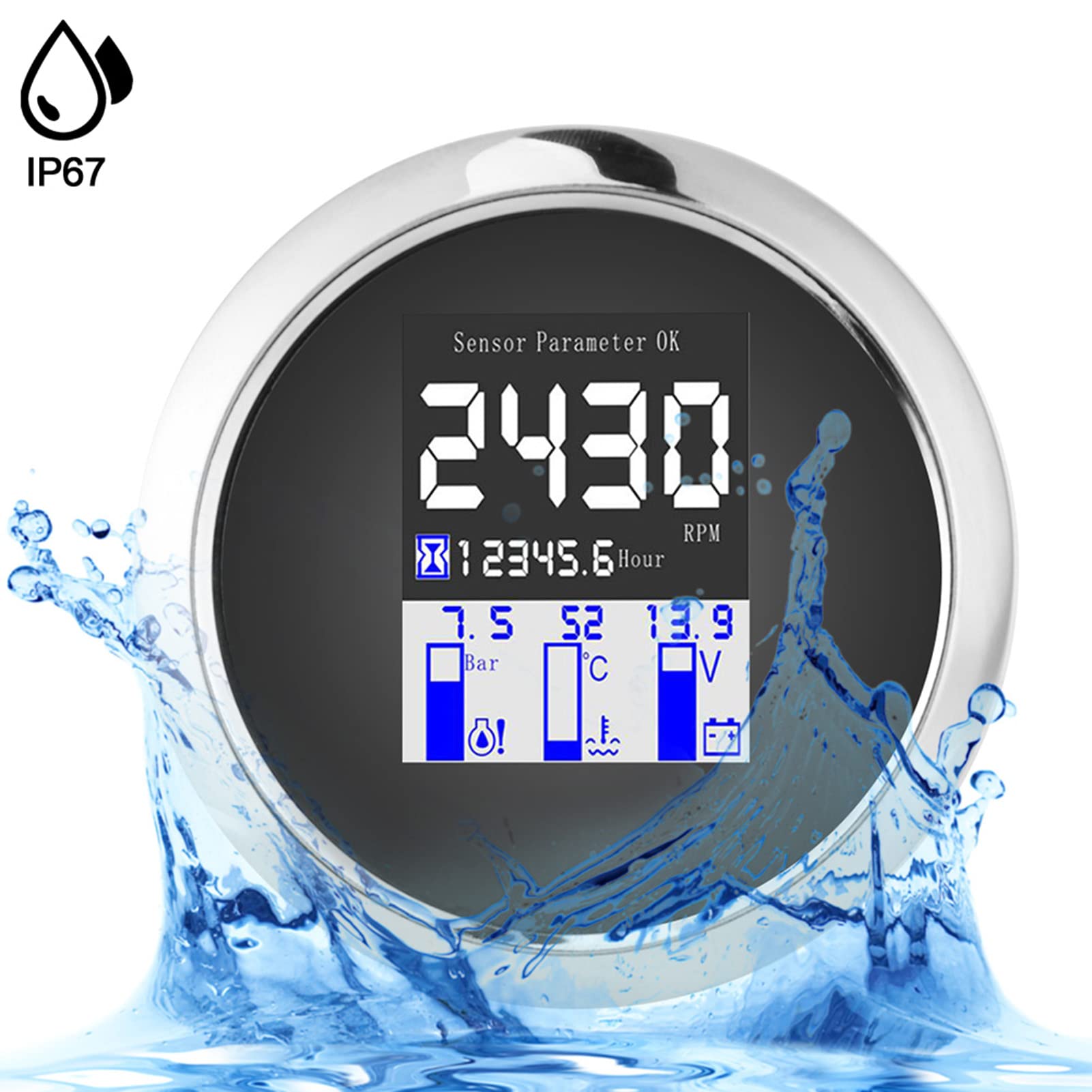 Indicador de Temperatura del Agua de Refrigeración, Indicador Multifunción de 3,3 Pulgadas, RPM, Presión de Aceite, Temperatura del Agua, Voltaje, Protocolo J1939, Bus de Campo CAN (Negro)