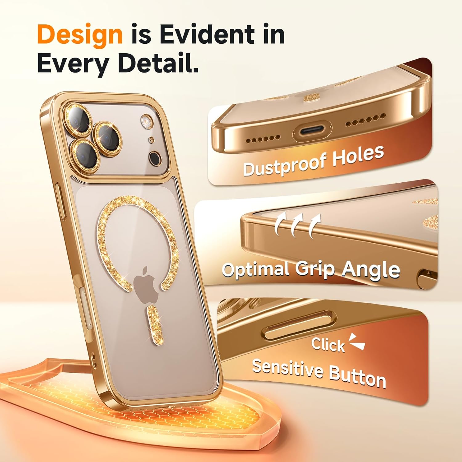 Magnetic for iPhone 17 Pro Case with Glitter Integrated Lens Protection, [Glossy Bumper & Shiny Magnetic Ring] [Compatible with Magsafe] Cute Women Protective Case for iPhone 17 Pro Desert Titanium - Image 8