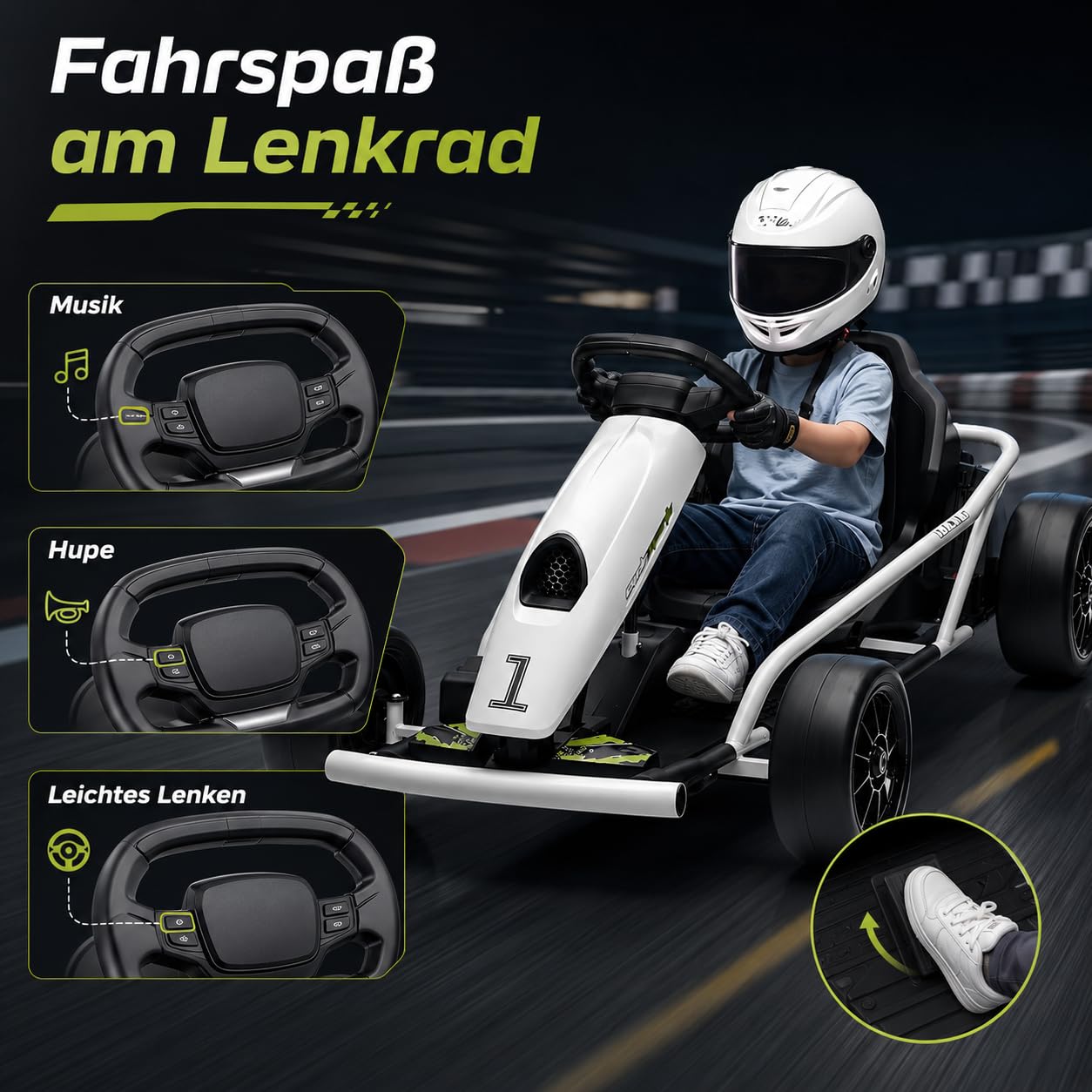 IDEALHOUSE Elektro GoKart 24V, Kinderfahrzeug Mit Drift-Funktion | 24V Kinder Elektro GoKart mit 2x300W Motoren, Drift-Funktion, Sicherheitsgurt, Sanftanlauf, Musik und verstellbarem Sitz