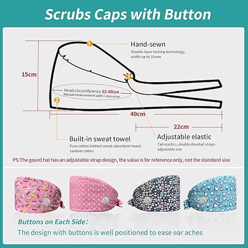 Miniatura 2 de VIAOLI Gorras dentales para mujeres con botones, gorro de dentista, gorra de trabajo, gorras para enfermeras, cubierta de pelo, sombreros de médico