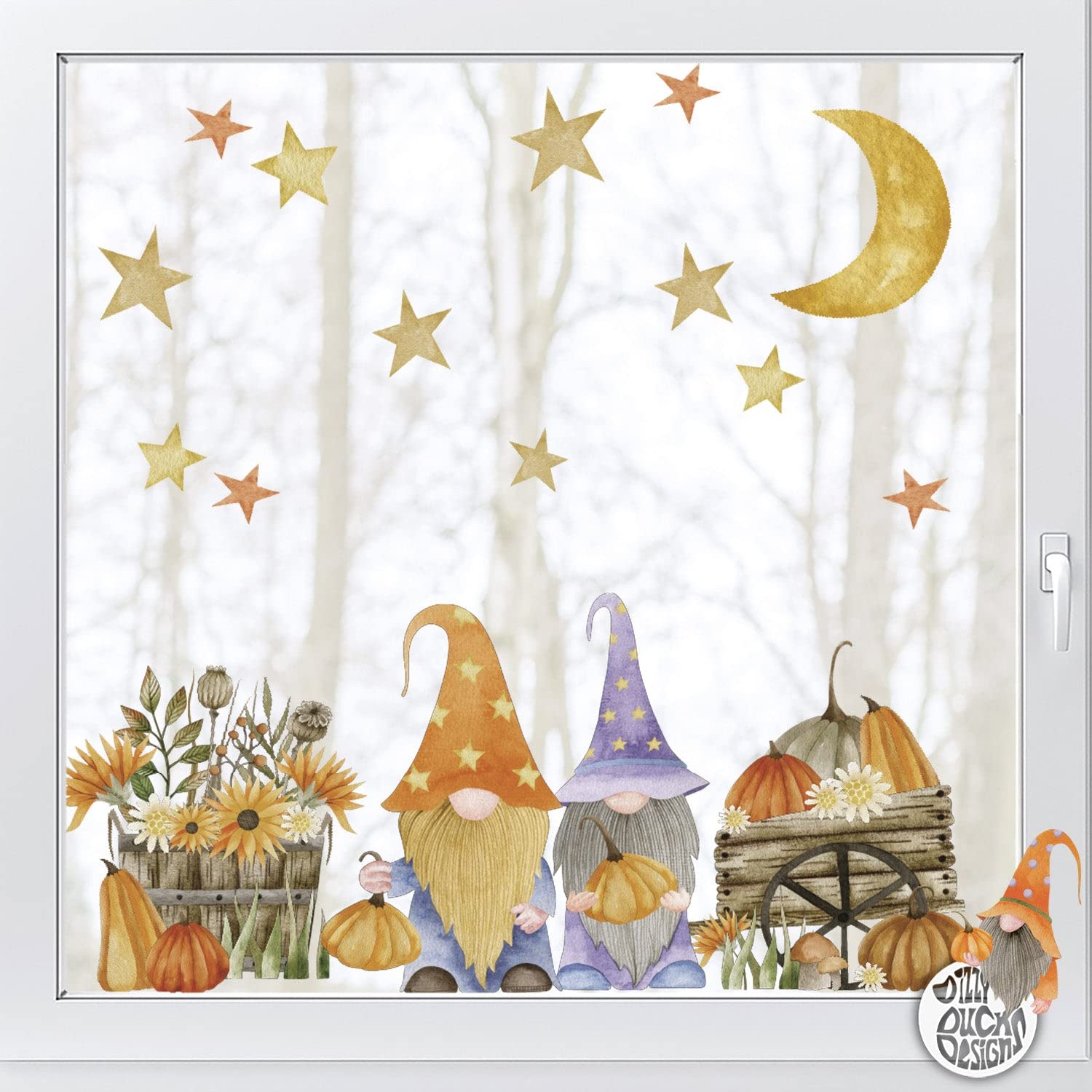 Dizzy Duck Designs Dizzy Duck Classy Halloween Decoration - Autumn Gnome Window Cling - Cute Fall Gonk Pumpkin Moon Stars Window Decal Sticker