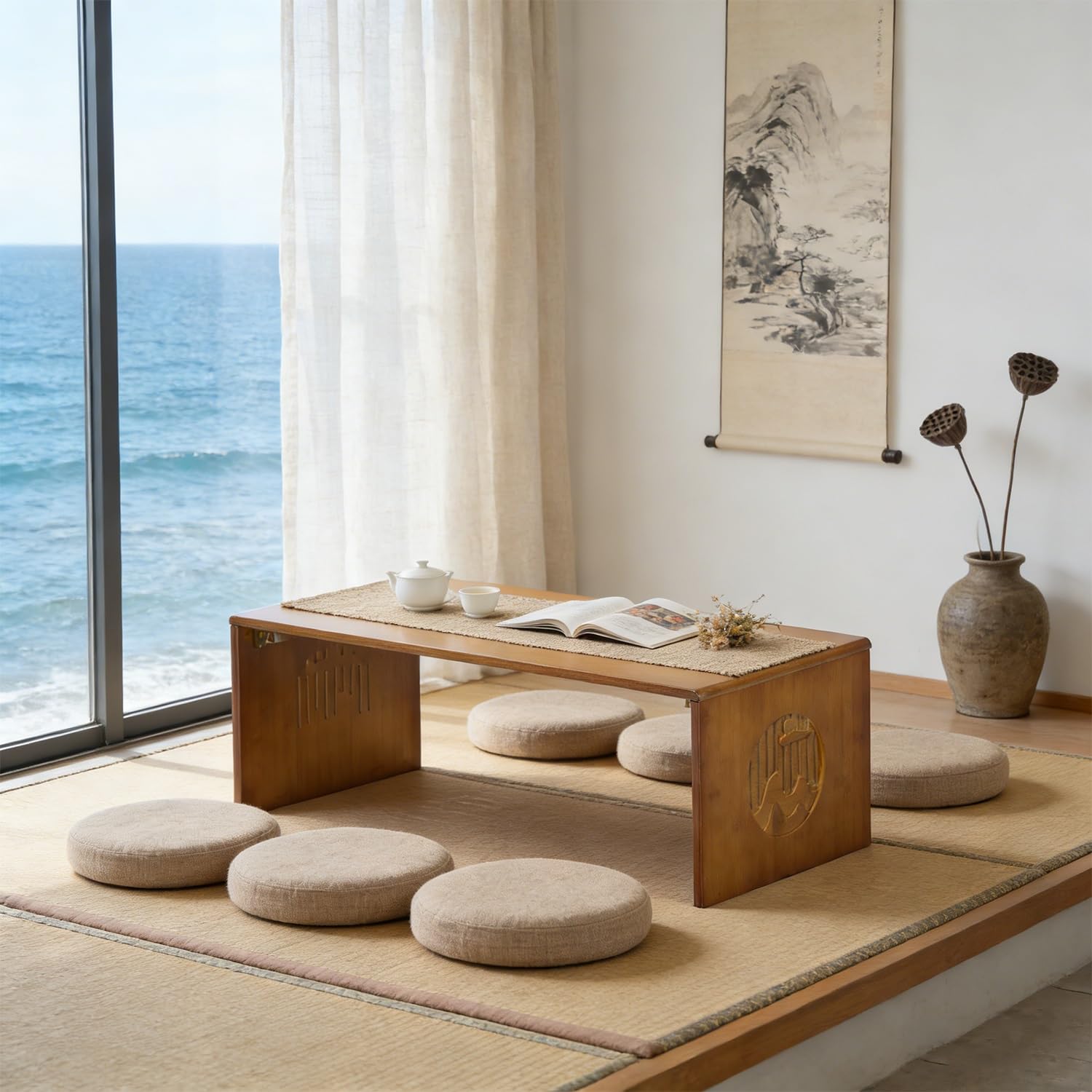 Table basse pliante japonaise en bambou 70 cm pour salon