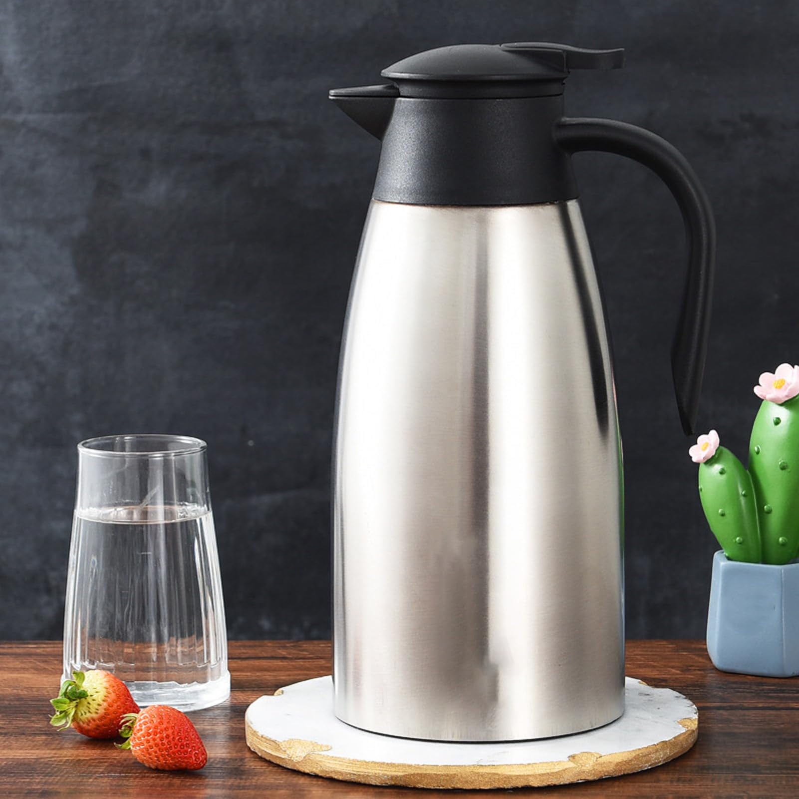 Coffee Carafe Stainless Steel Double Wall, 2L Leak Proof Insulated Vacuum Dispenser, Hot Cold Drink, Home Office Use, Silver