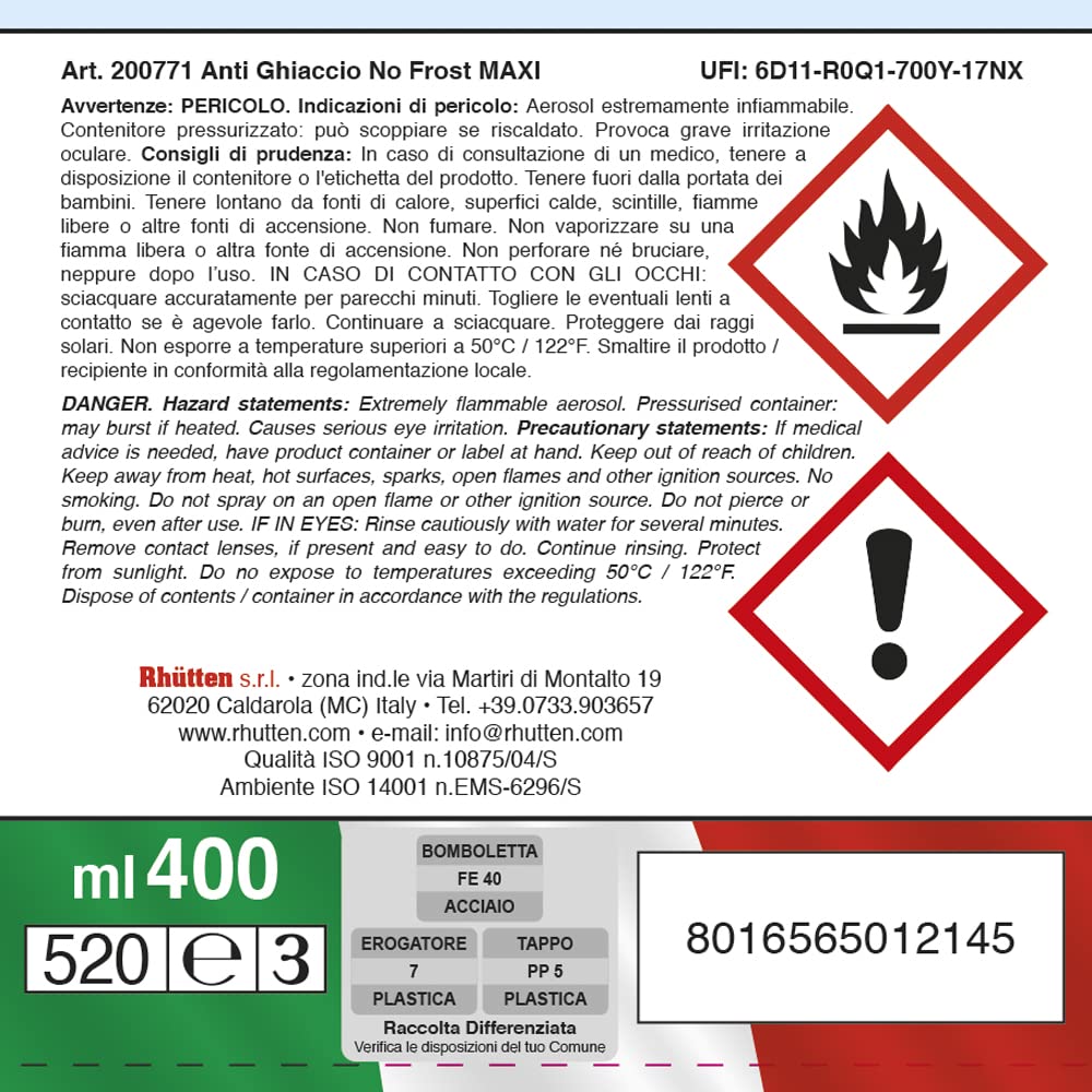 Antighiaccio No Frost Maxi 400ml, Scioglie Ghiaccio Auto Parabrezza Serrature Tergicristallo