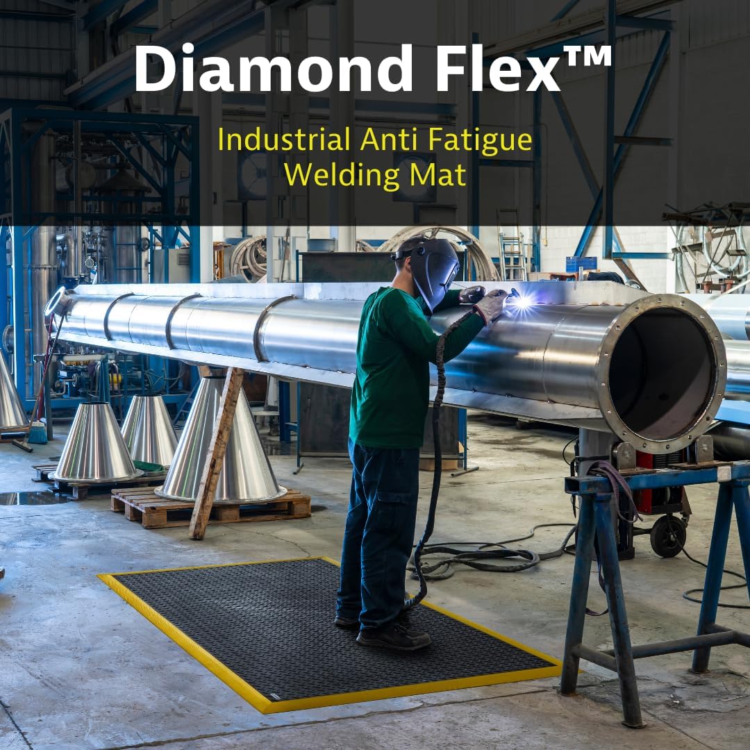 NoTrax Diamond Flex™ Fire Retardant Rubber Anti Fatigue Mat for Welding Workstations, 40" x 64" x 7/8" Industrial Floor Mats, Anti Slip, Beveled Edges, Black with Yellow Border, 646S4064BY