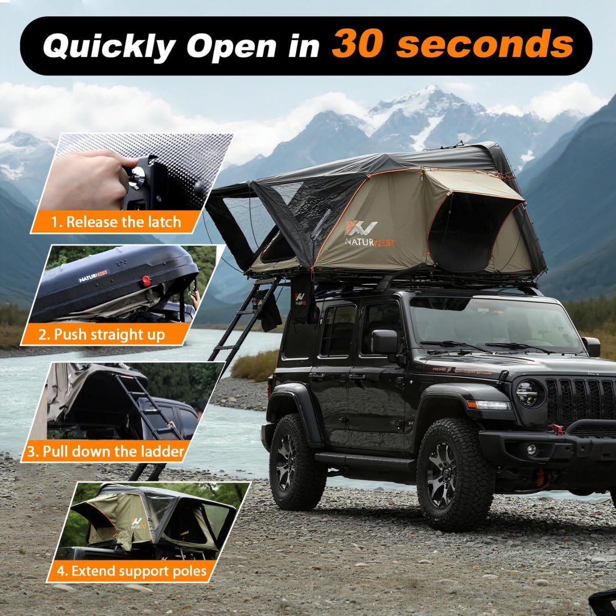Naturnest Sirius 1 Hardshell Rooftop Tent, Clamshell Pop Up Car Roof Tent for 2-3 Person Camping, Waterproof UV-Resistant 4 Season Overland Tent for SUV, Truck, Jeep, Van, Trailer