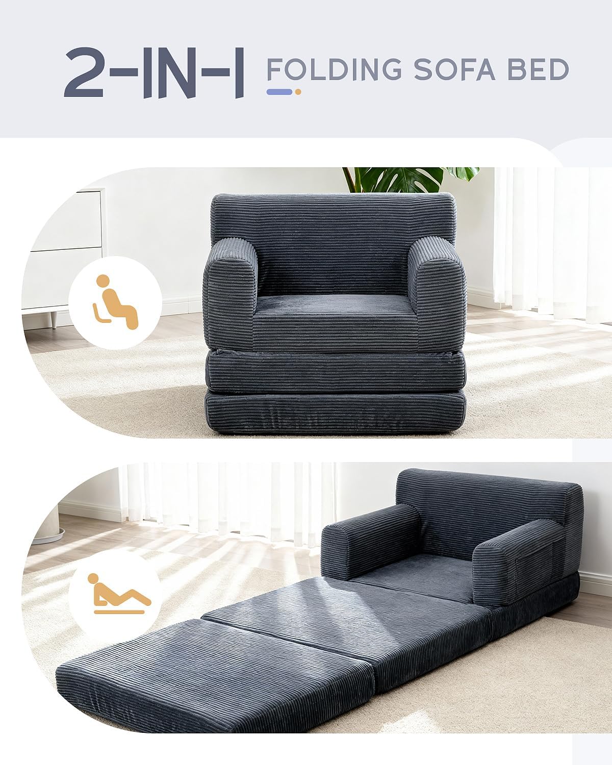 Boneless Couch Sofa Bed, Convertible Sleeper Chair with One-Piece High-Density Foam (No Lumps), Foldable Floor Mattress for Adults Guest Gaming, Non-Slip, Side Pockets, 84"x35", No Assembly